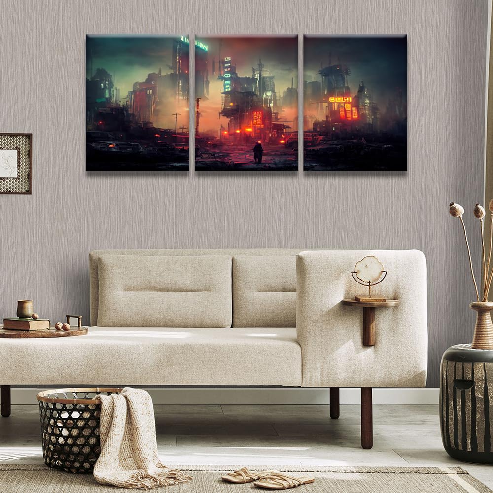 LSIUHWUWI 3 immagini da parete per soggiorno Cyberpunk post apocalittica città decorazione artistica da parete in stile cyberpunk in rovine luci al neon incandescenti su tela artistica da parete