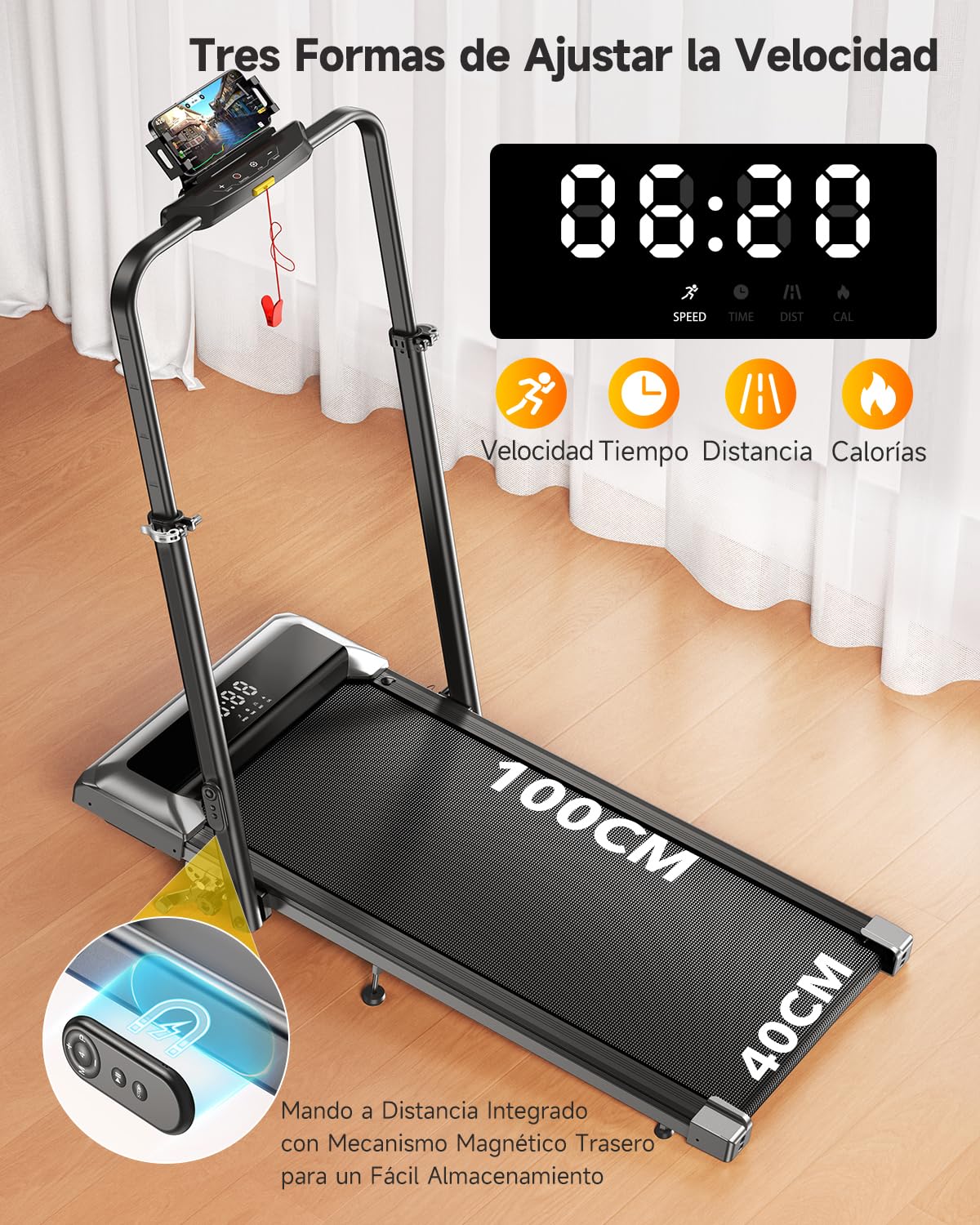 6 en 1 Cinta de Correr Plegable, 12% Inclinación Cinta de Correr, 12KM/H Cinta de Andar para Hogar/Oficina, 115 CM Pasamanos Telescópicos (95°&105° Ajustables), Remoto Silencioso, Pantalla LED, App