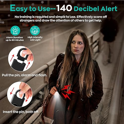 Miniatura 2 de Alarma de seguridad personal de 140 dB para mujeres, paquete de 3 llaveros de protección de alarma segura con luz estroboscópica y aviso de batería