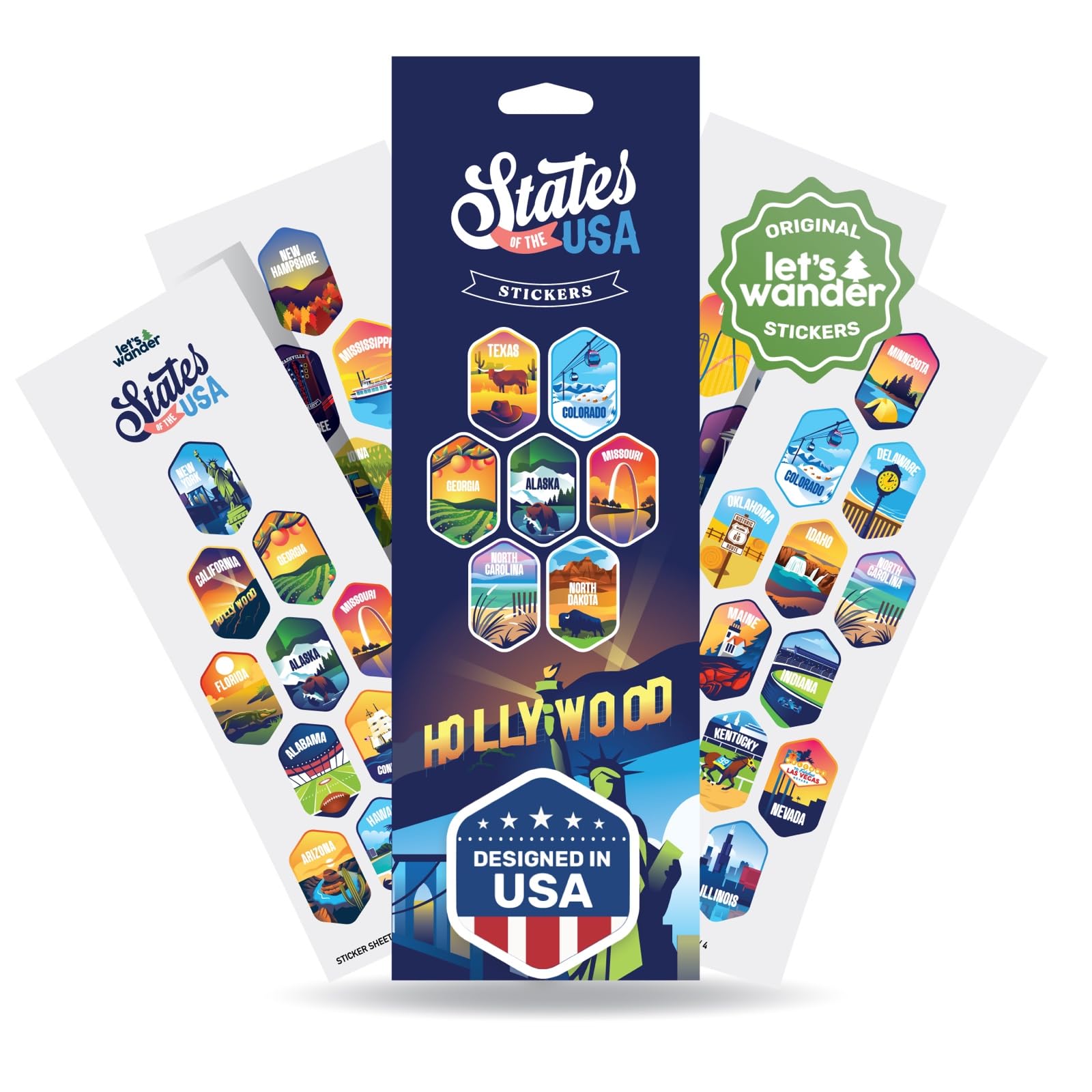 Let's Wander USA 50 States Stickers - Weatherproof and Waterproof UV-Printed Laminate Stickers - Bucket List Decals for Tumblers, Laptops, Phone Cases