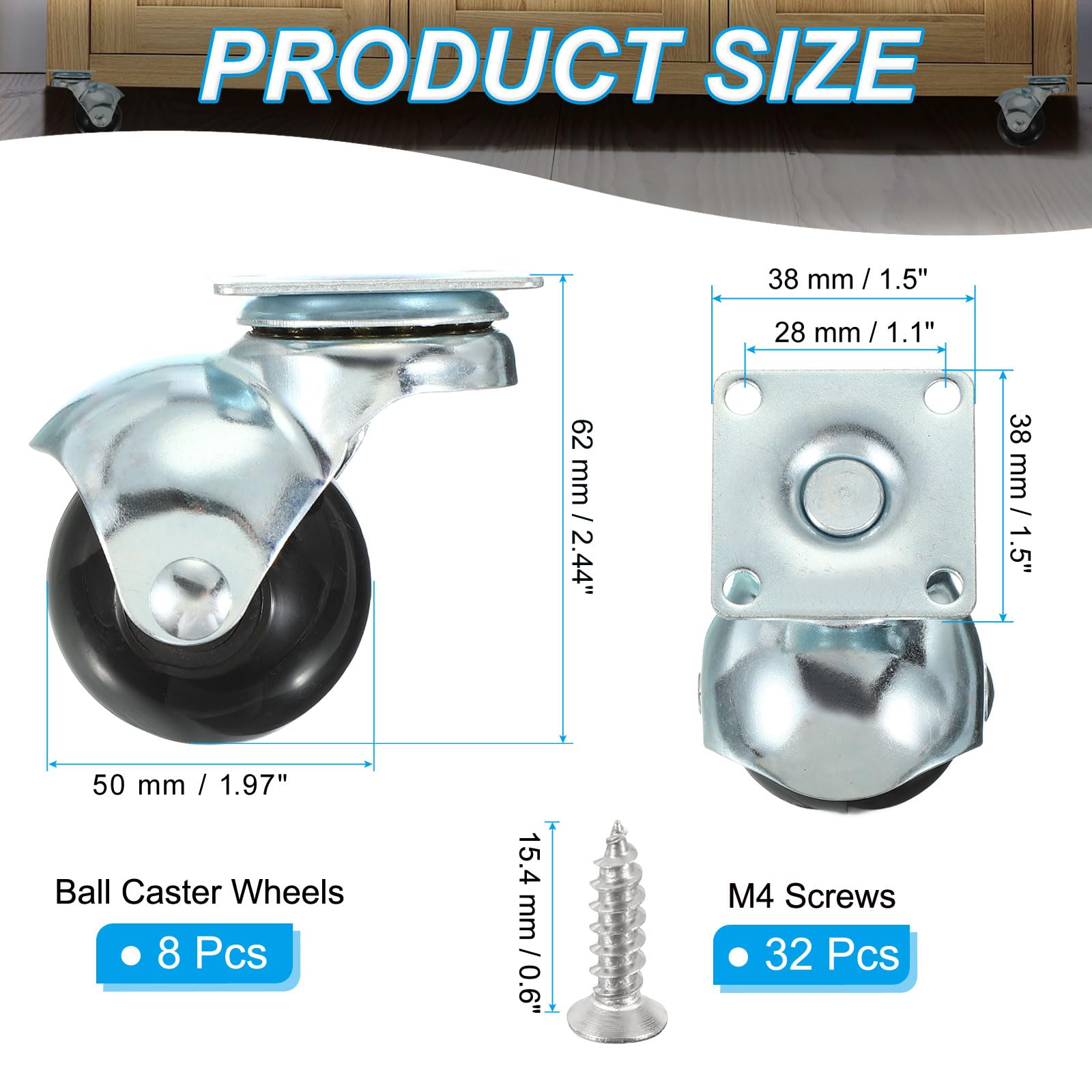PATIKIL 2 Inch Ball Caster Wheels - 8 Pack -2 PATIKIL 2 Inch Ball Caster Wheels - 8 Pack -2