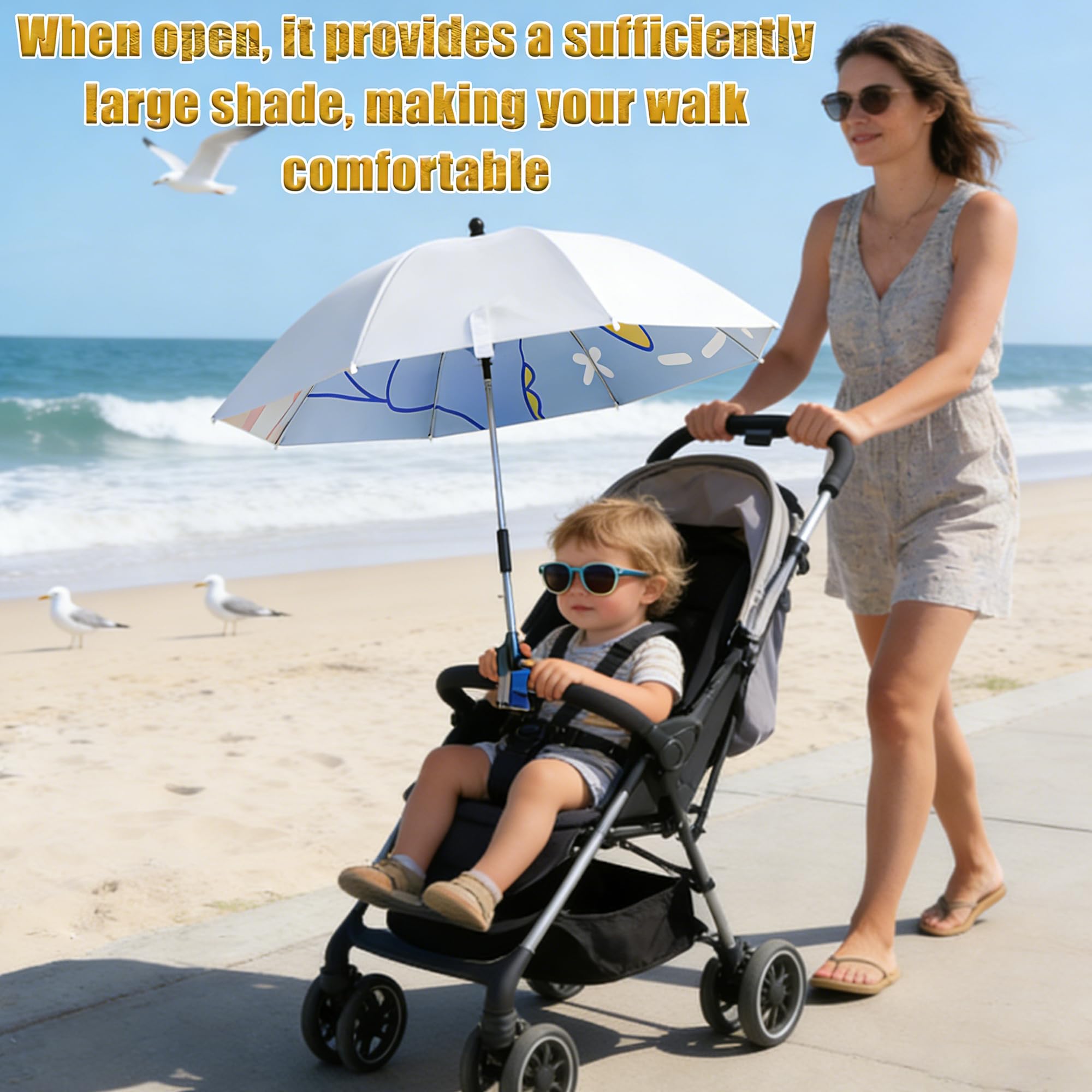 Universal Sonnenschirm Sonnenschutz UPF 50+, Kinderwagen-Sonnenschirm, 85 cm Durchmesser mit Einem Regenschirmgriff, Universal Parasol fürKinderwagen, Kinderwagen(Blauer Dinosaurier)
