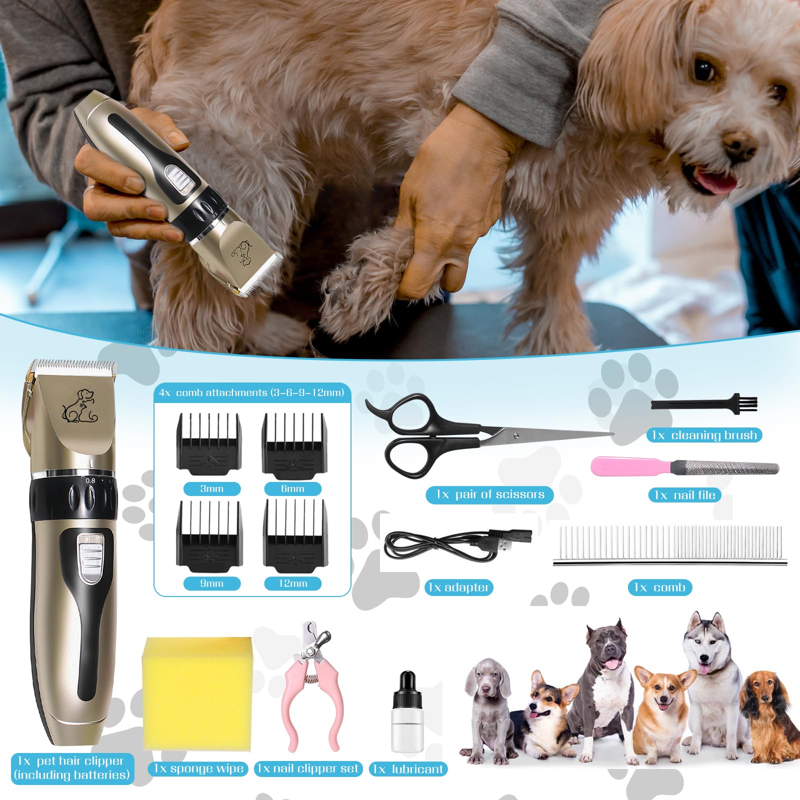Maquina Cortar Pelo Perros, cuchillas de cerámica extraíbles y lavables Cortapelos Perros, cortapelos para mascotas bajo ruido, máquina de aseo con 4 peines guía mascota cortapelo perro