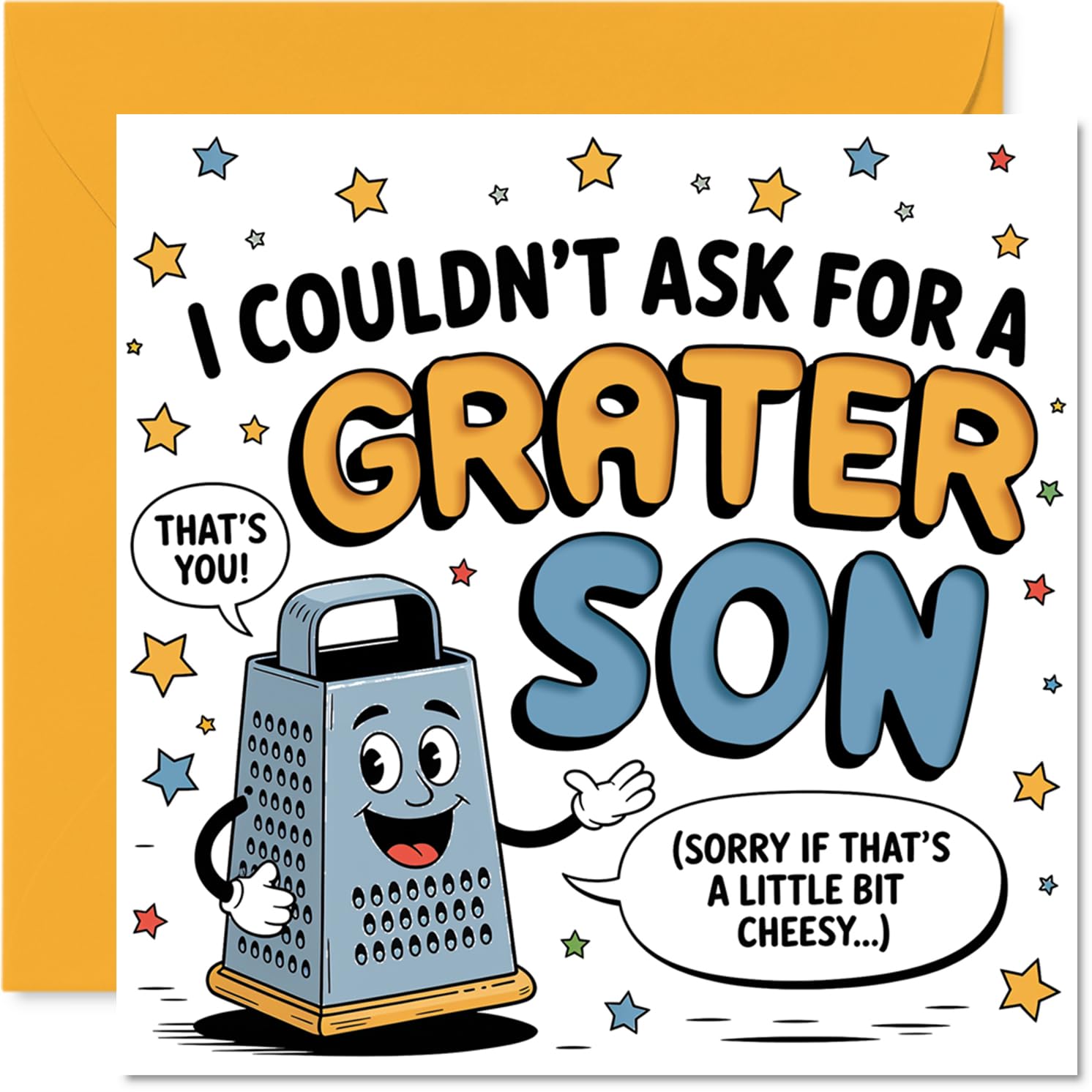 Funny Birthday Card for Son - Utterly Grate Pun - Cheese Grater and Stars Cartoon with Playful Message - 145mm Square, Envelope Included
