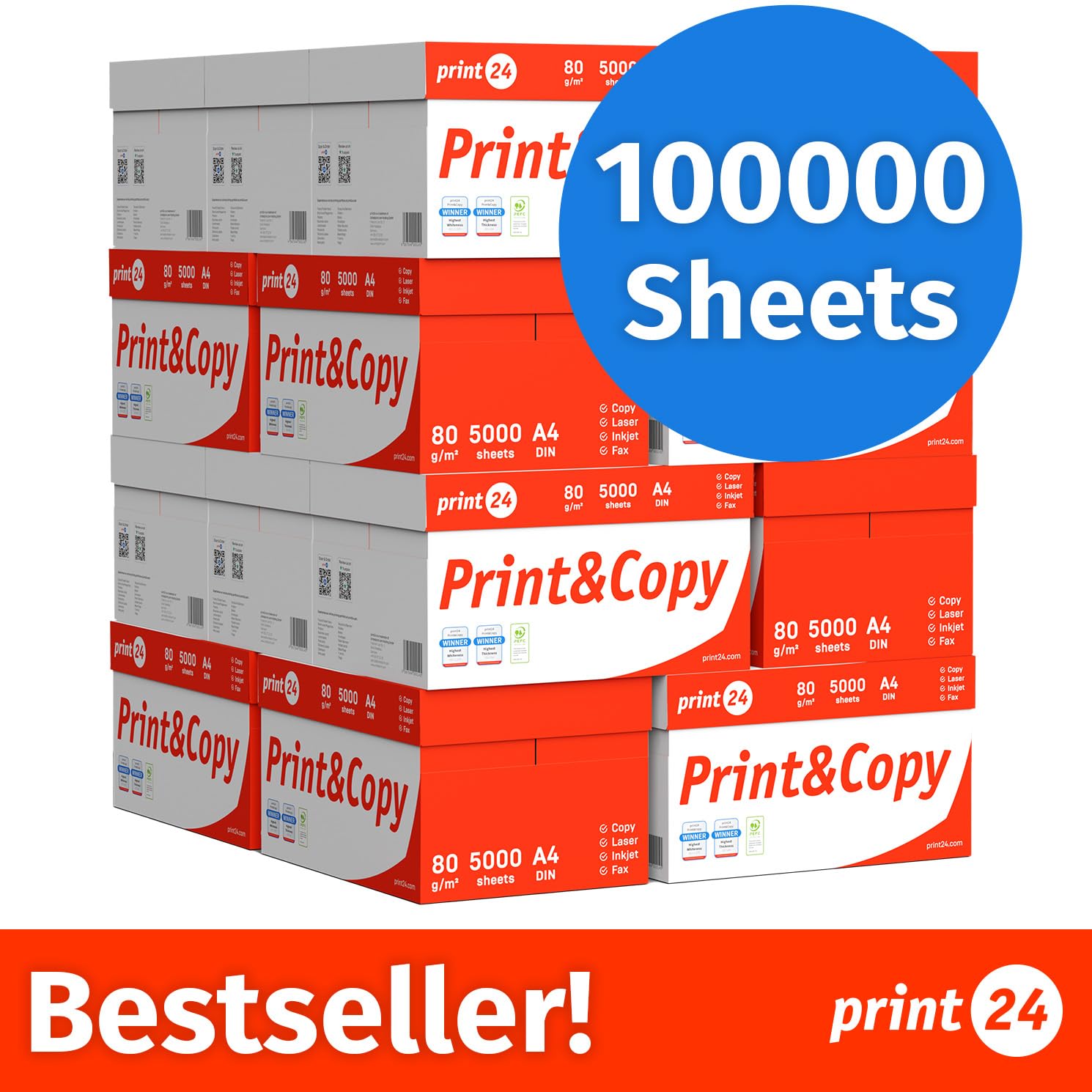 Papel multiusos para impresora, Folios A4, 80g, 100.000 Hojas, 20 Paquetes de 5.000, Color blanco, PEFC