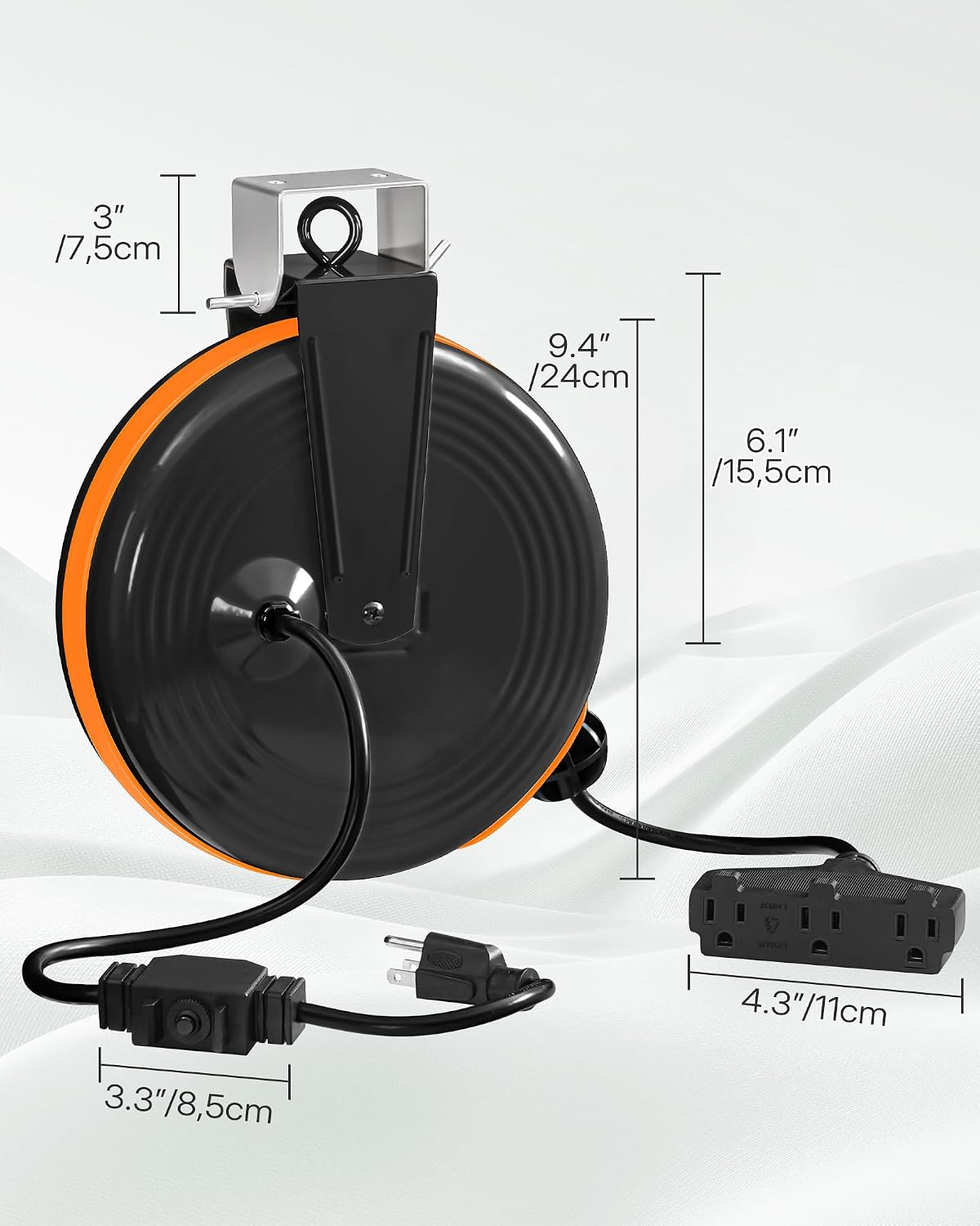 30 Ft Retractable Extension Cord Reel, 16/3 Gauge SJTOW Power Cord with 3 Electrical Outlets Pigtail for Garage and Shop, 10 Amp Circuit Breaker, Metal Plate, UL Listed, Black B30ACR06