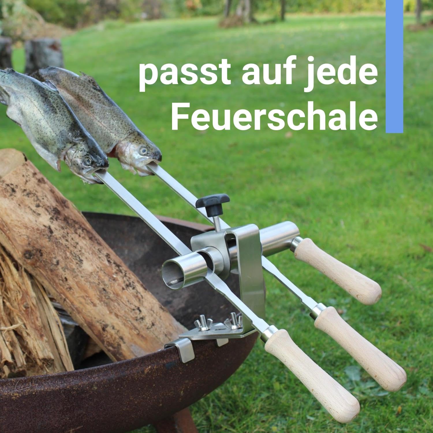 Premium Steckerlfisch Halter für Feuerschale - Platz für 2 Fische - Fisch Grill Aufsatz passt auf jede Feuerschale - stufenlos verstellbar - Fischhalter 100% Edelstahl - Asado Grill für Feuerschale