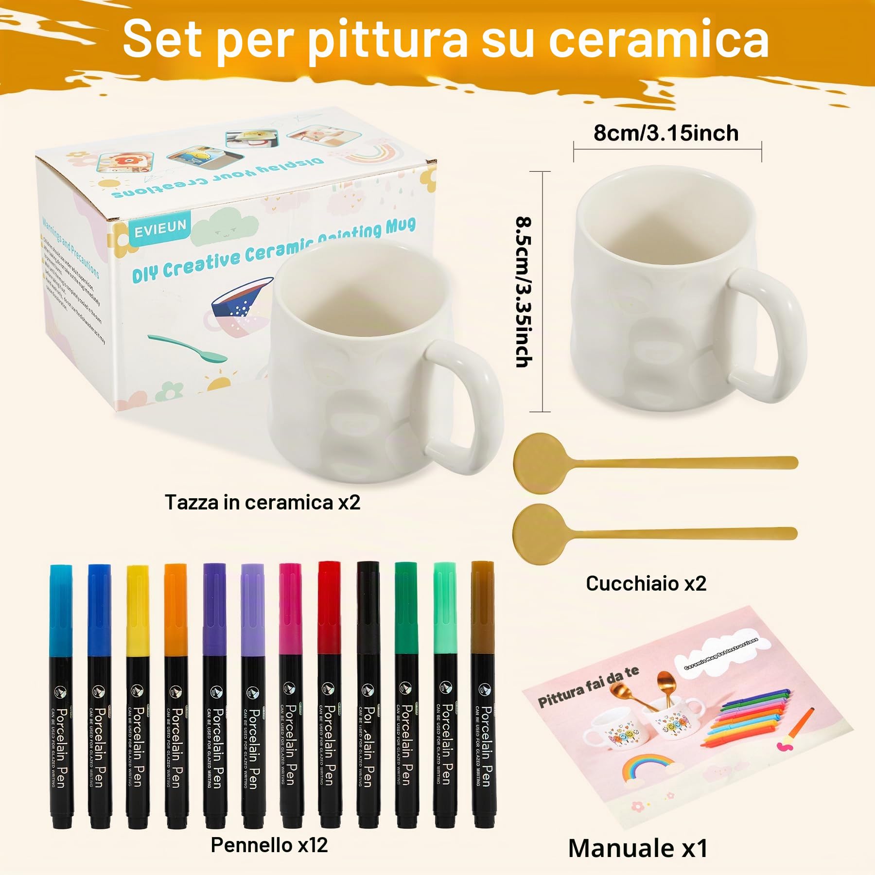 Set per Pittura Su Ceramica,Bianco Tazze Kit Ceramica Fai Da Te, Include 2 Tazze 350ML, 12 Pennarelli e 2 Cucchiai,Kit Fai Fa Te Creativo Adulti
