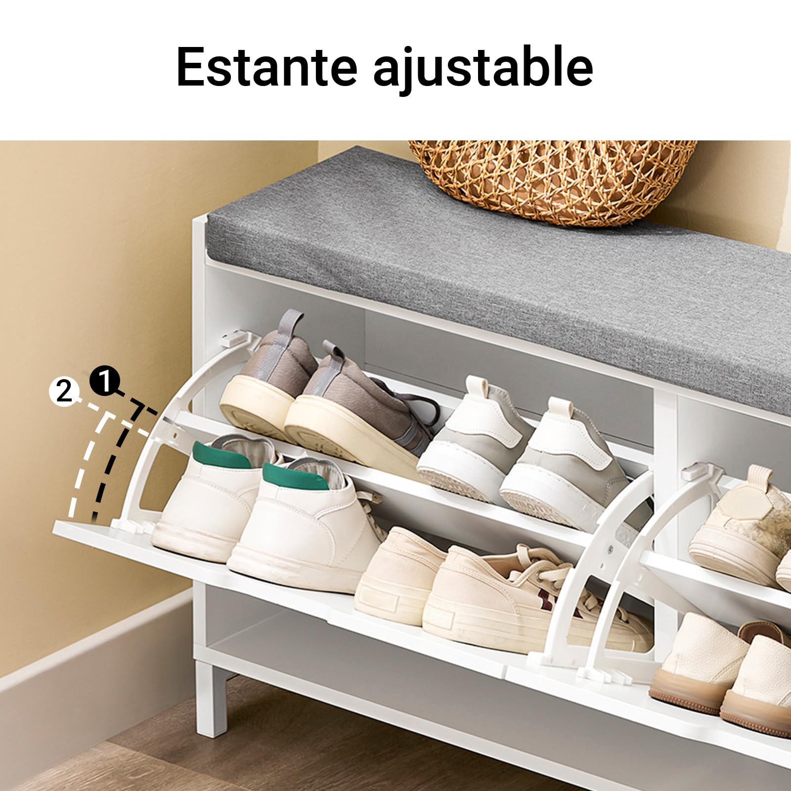 SoBuy Banco Zapatero con Asiento 105x24x52cm para recibidor | Zapatero banco con cojín gris, estructura hierro y MDF, capacidad 8 pares, carga 250kg FSR151-L-W
