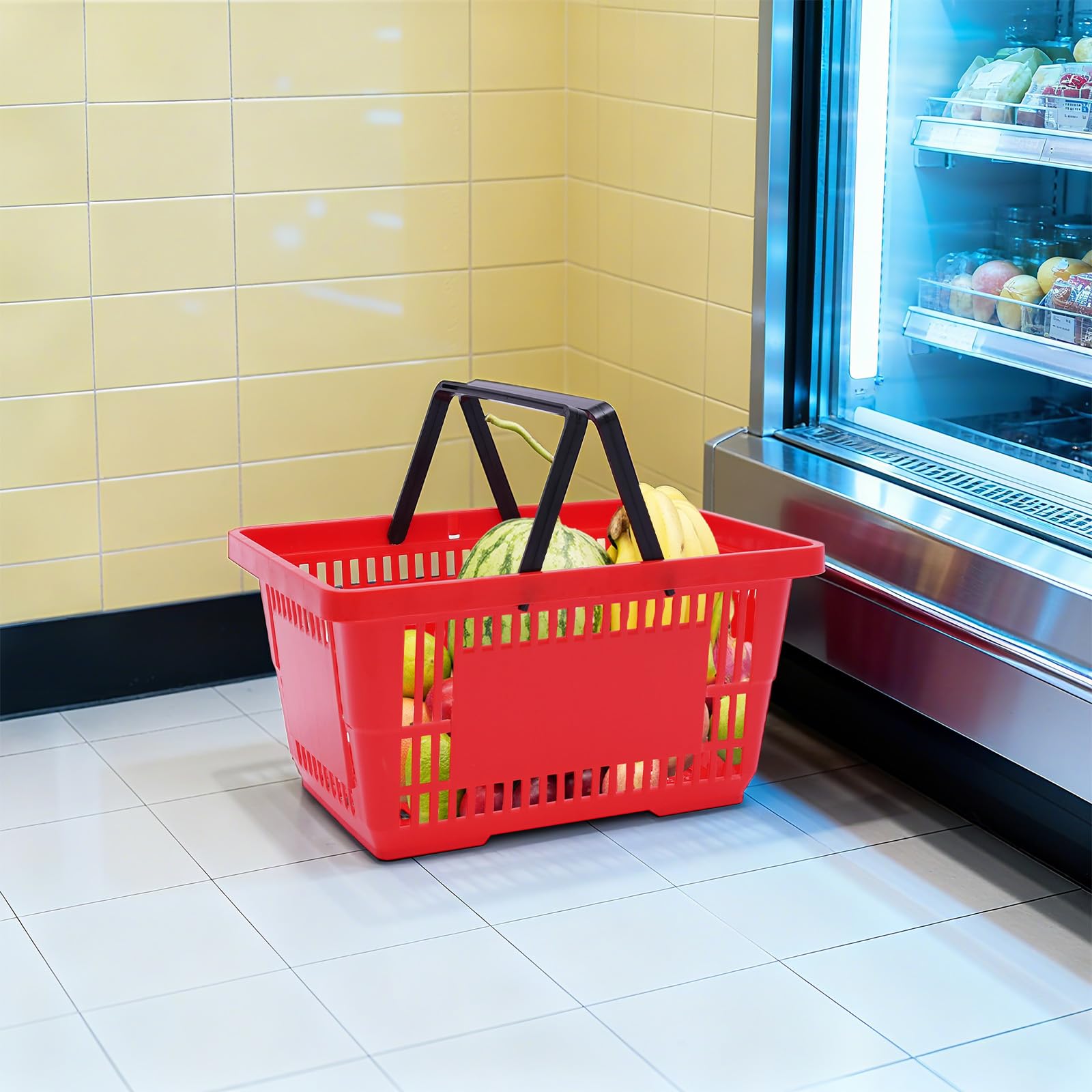 12 Stück Einkaufskorb aus Kunststoff 18L Stapelbar für Supermarkt Rot | offene Gitterstruktur, Klappbarer Griff, 43 × 30 × 23 cm