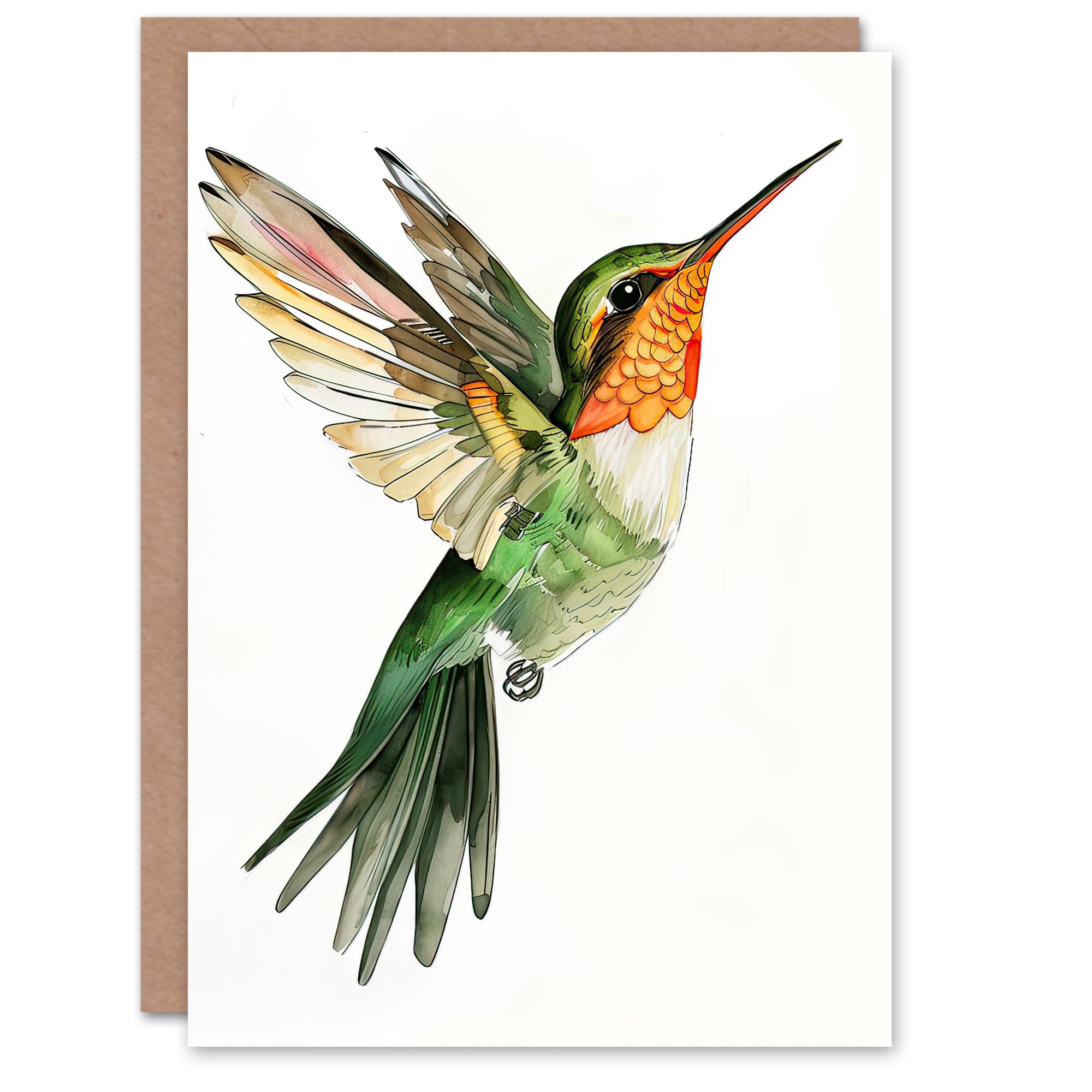 Artery8 Greeting Card Hummingbird in Flight Green Orange Watercolour For Her Woman Birthday Card