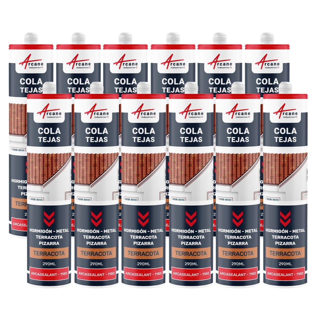 Cola Tejas Masilla Flexible Impermeable Multimaterial 290 ml x 12 Terracota | Pega Tejas y Sella Juntas Estancas, Fuerte Adherencia, Fijación Inmediata, Hormigón, Piedra, Zinc - Arcane Industries