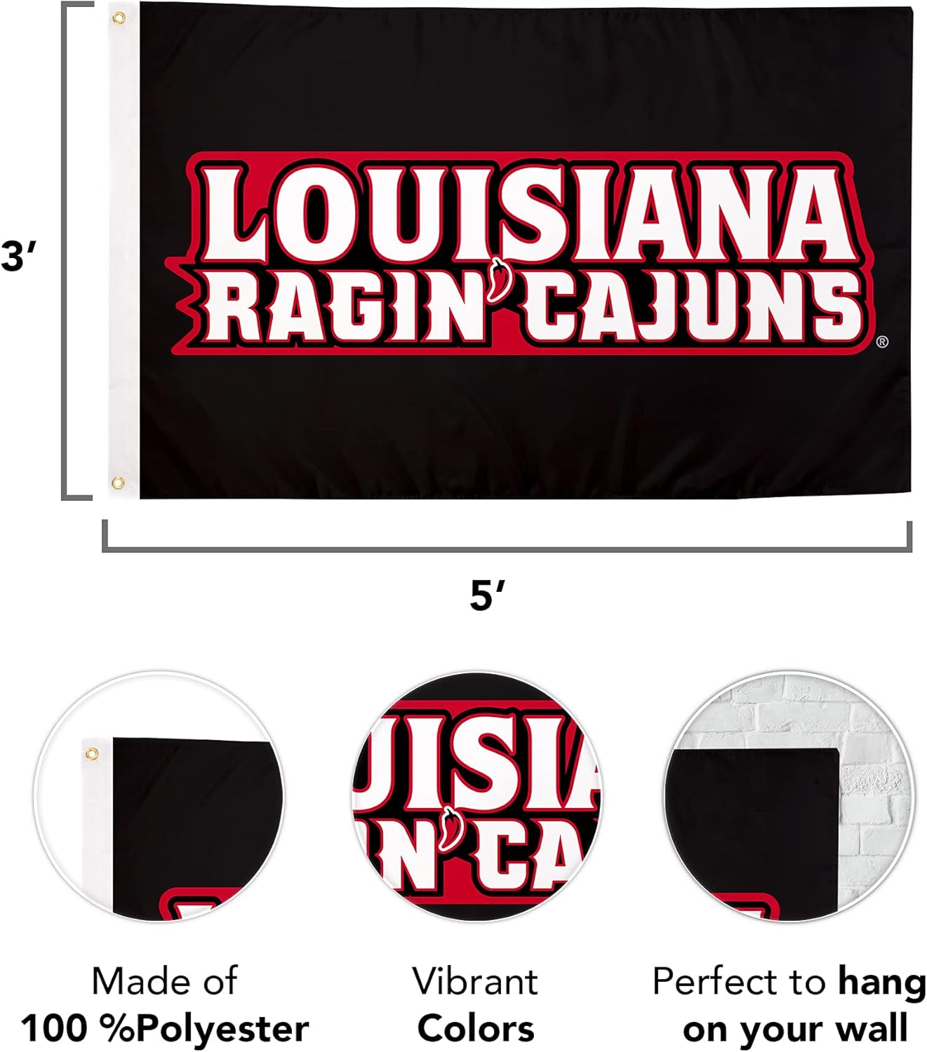 Desert Cactus University of Louisiana at Lafayette ULL Flag - 3 x 5 Feet Ragin' Cajuns Banner, Indoor/Outdoor Durable Fabric, 100% Polyester Design (Style 3) - Image 3