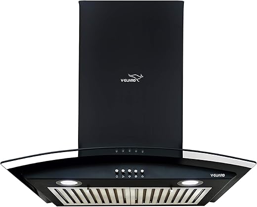 V-Guard MG20 60cm 1100m³/hr Curved Glass Electric Kitchen Chimney with Baffle Filter, Push Buttons and Free Kit For Installation (Black)