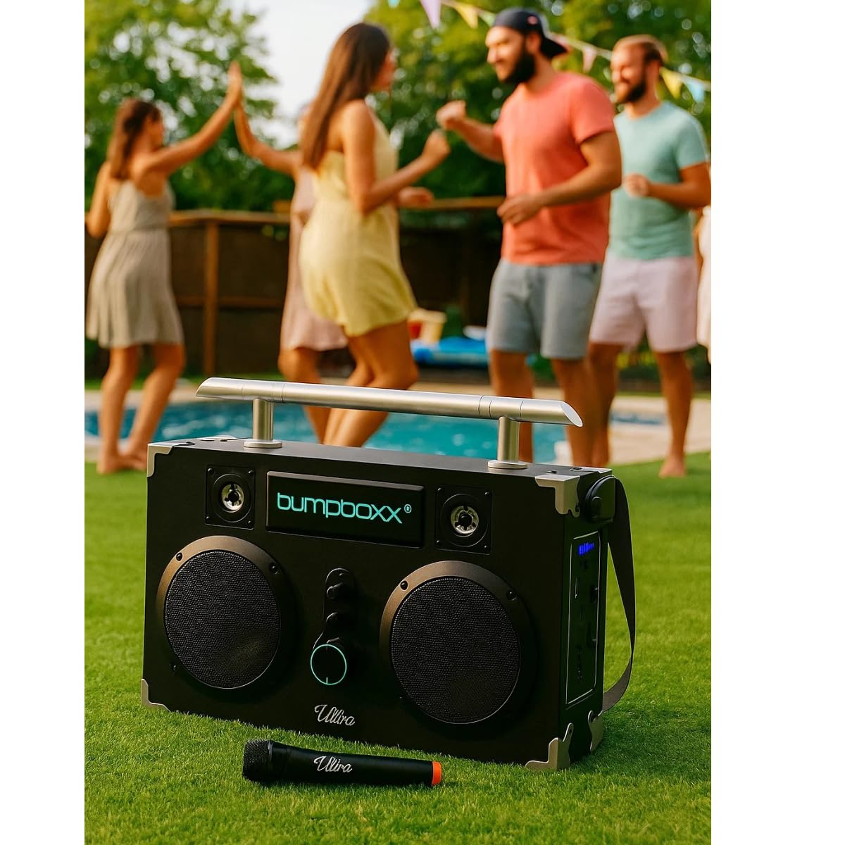 Bumpboxx Bluetooth Boombox Ultra Plus | Retro Boombox mit Bluetooth-Lautsprecher | inklusive wiederaufladbarem Lithium-Akku, Tragegurt & Mikrofon | leicht zu tragen | Schwarz