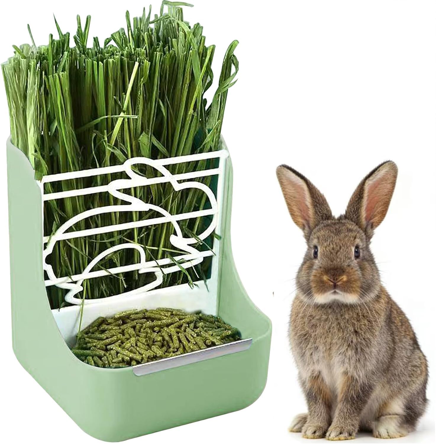 2 in 1 Rabbit Hay Feeder, Indoor Hay Bowls Manger Rack for Chinchilla Guinea Pig Bunny Ferret Feeder Bowls Use for Grass & Food (Green)