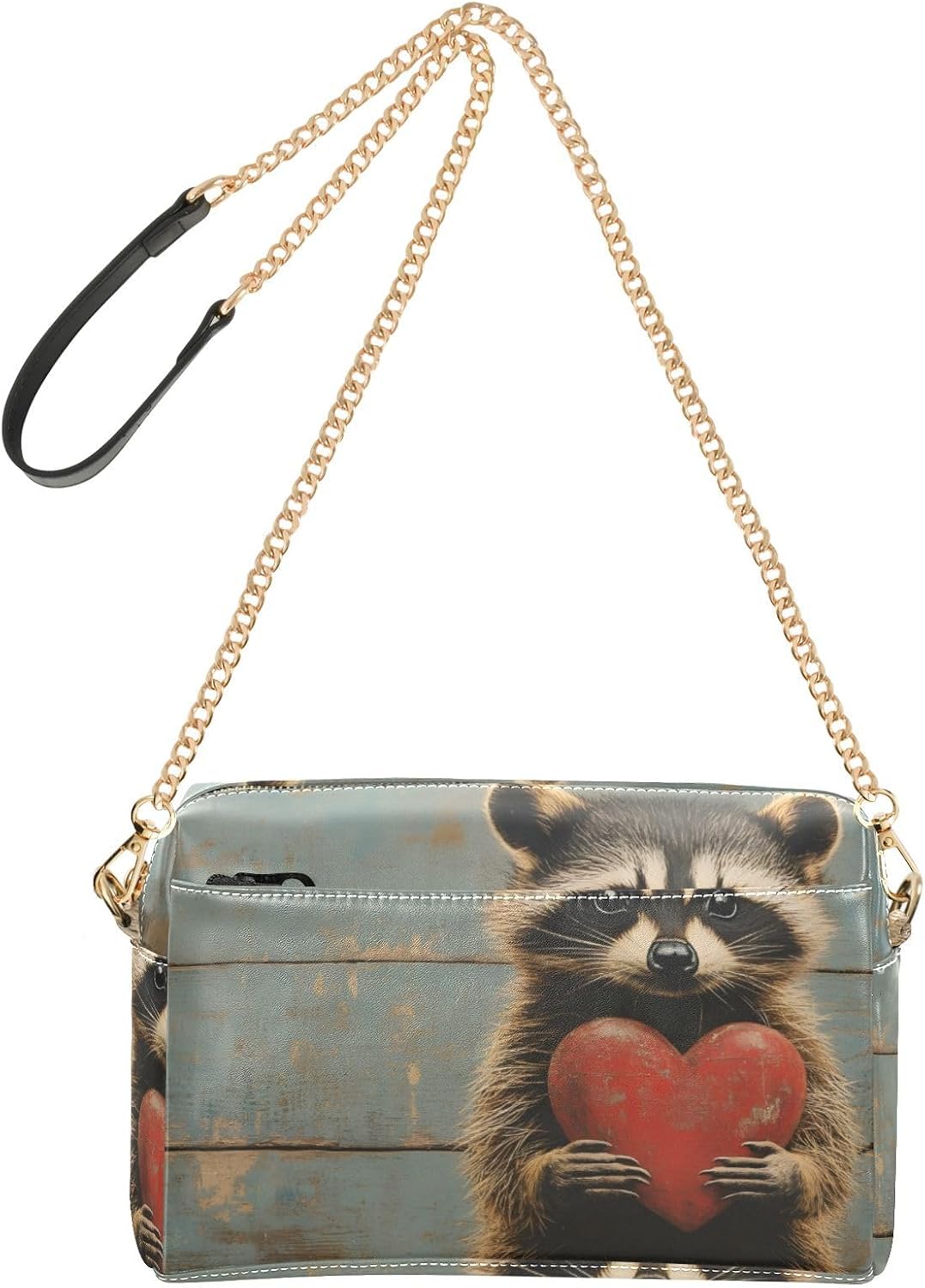 Women Crossbody Bag Shoulder Handbag Cellphone Purse PU Leather Metal Chain Strap Water Resistant Zipper Closure Wood Raccoon Print