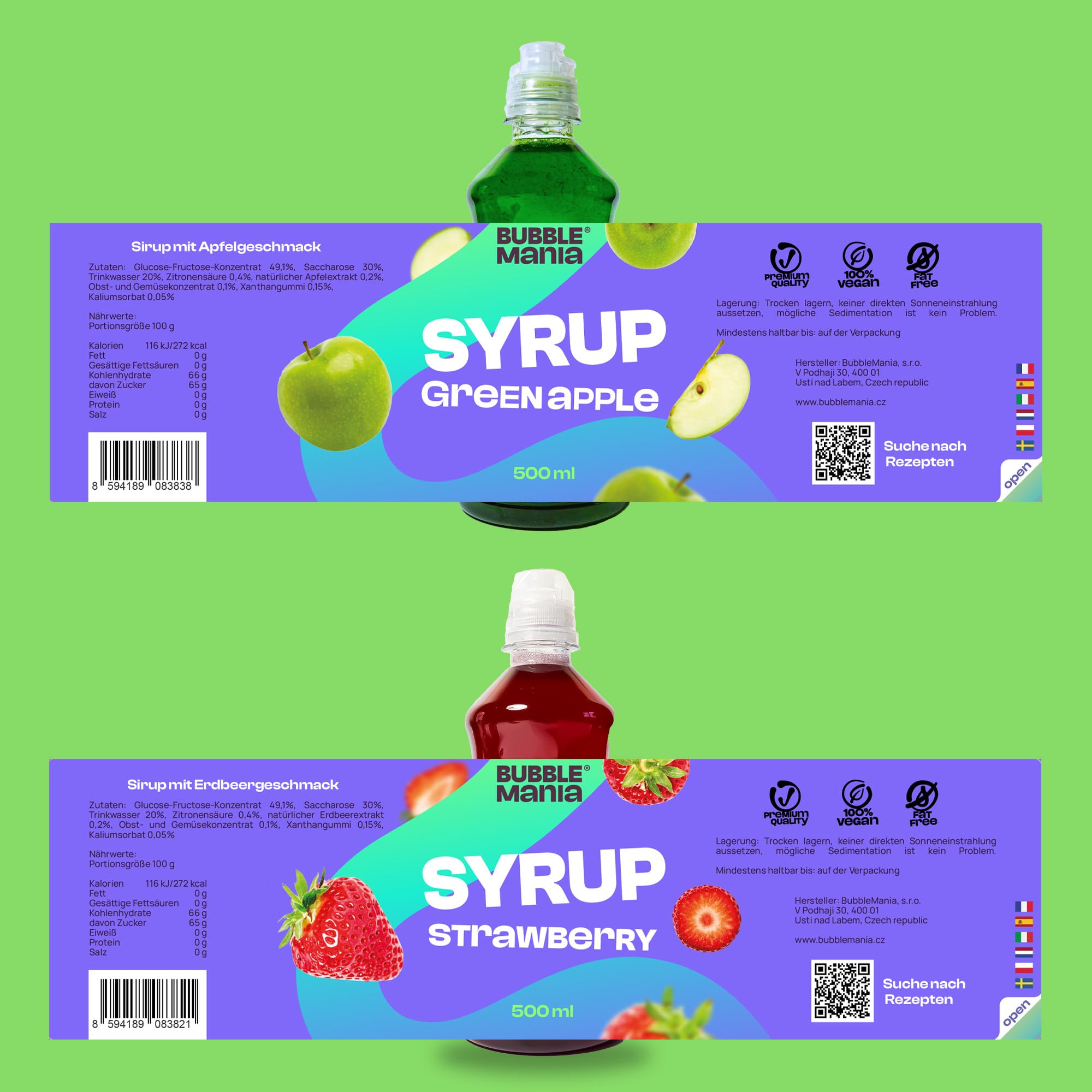BubbleMania Bubble Mania Frucht Bubble Tea Sirup für Bubble Tea MIX – Erdbeere, Grüner Apfel, Pfirsich, Wassermelone | Getränke Sirup für Cocktails, Bubble Tea, Eis & Kuchen | 4 x 500 ml