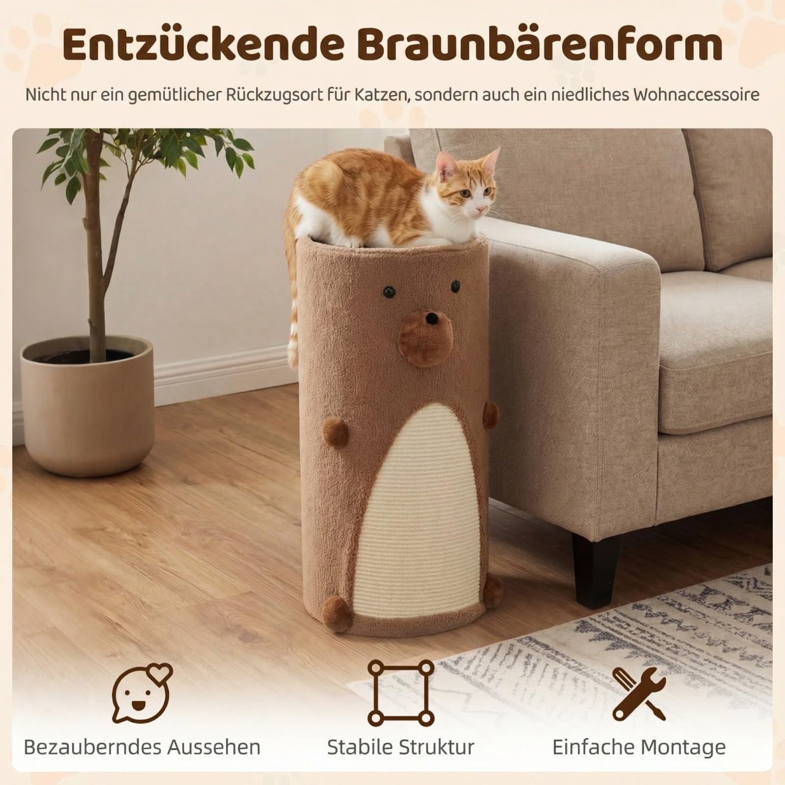 COSTWAY Kratztonne, Ø 35 cm, 66 cm hoch, Katzentonne mit Sisal-Kratzmatte, 2 Katzenhöhlen, Katzenbett, Kratzbaum für kleine und mittelgroße Katzen, Katzenbaum bis 15 kg, Braun