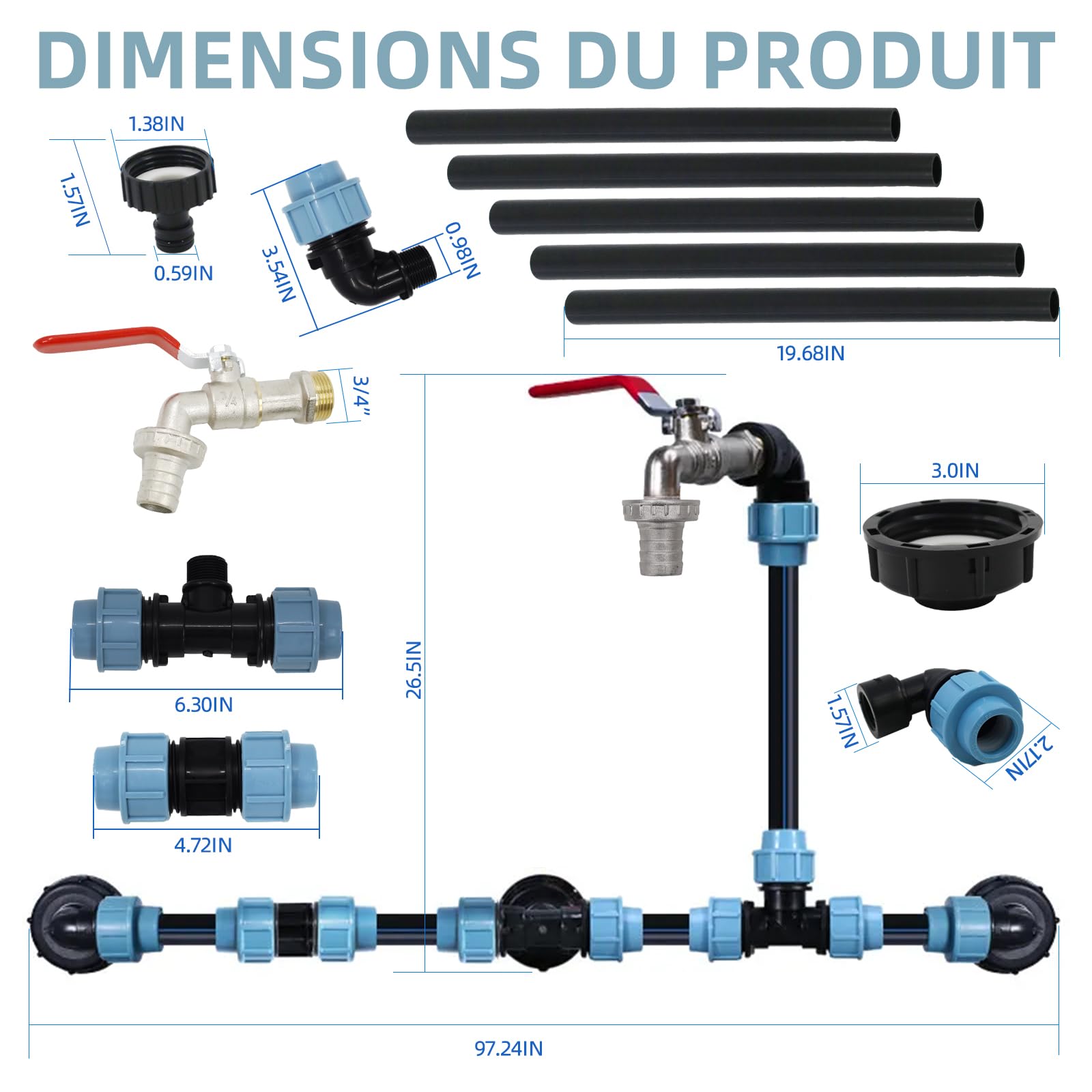 Kit de raccordement IBC pour 3 réservoirs IBC ou citernes d'eau de pluie, avec robinet col de cygne 3/4", sortie avec raccord de tuyau, idéal pour l'arrosage du jardin