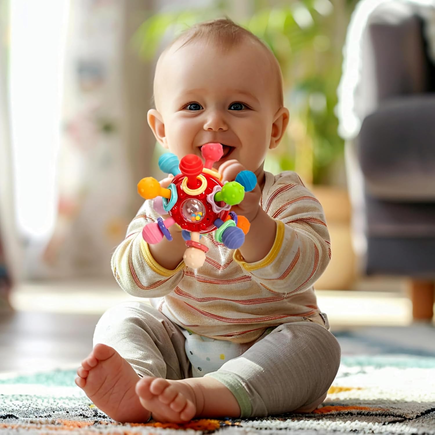 PB Prime Brands Silicone Baby Teether Ball Toy, BPA-Free Sensory Teething Toy for 3+ Months, Soft Chewable Textured Teether with Rattle, Colorful Grasping & Development Toy for Infants and Toddlers (Red) 4