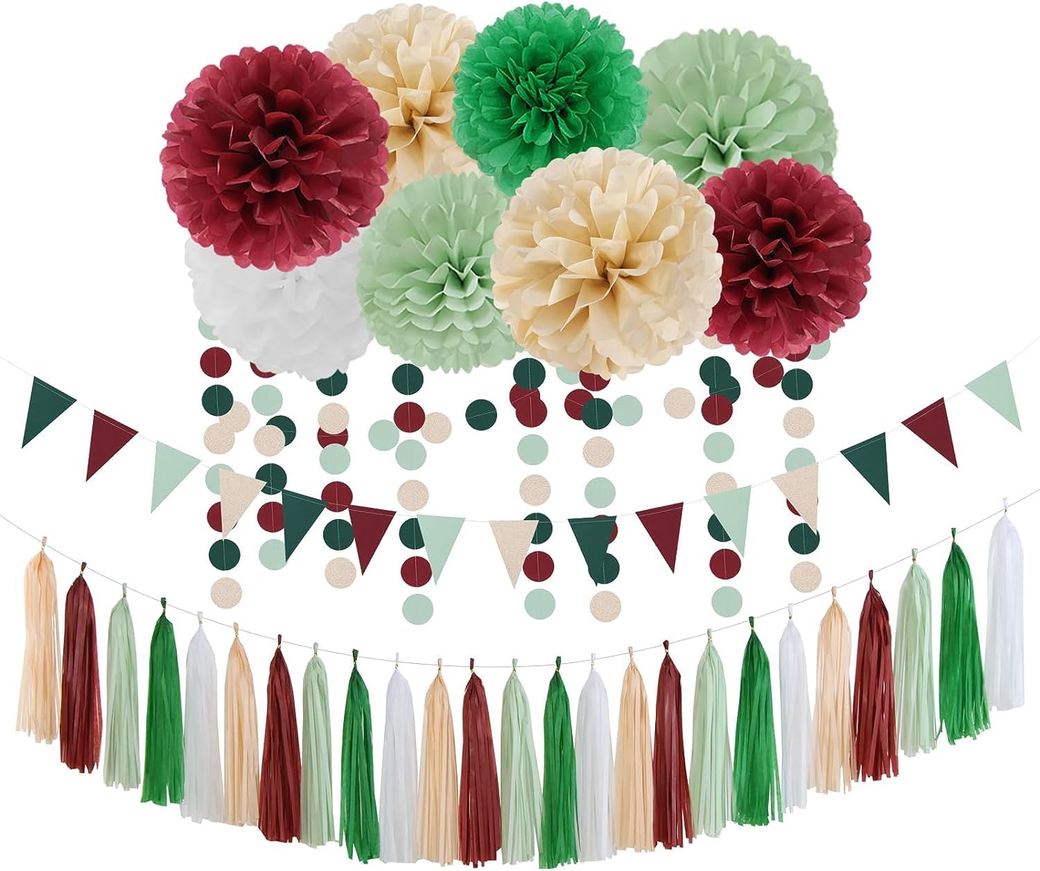 Ouruola Women's Burgundy Champagne White Green Sage-Olive Green Burgundy Champagne Party-Decorations - 30Pcs Birthday Boho Paper Tissue Pom Poms Streamers,Tassel Garland Banner,Christmas Baby Bridal Shower Wedding Engagement Decor