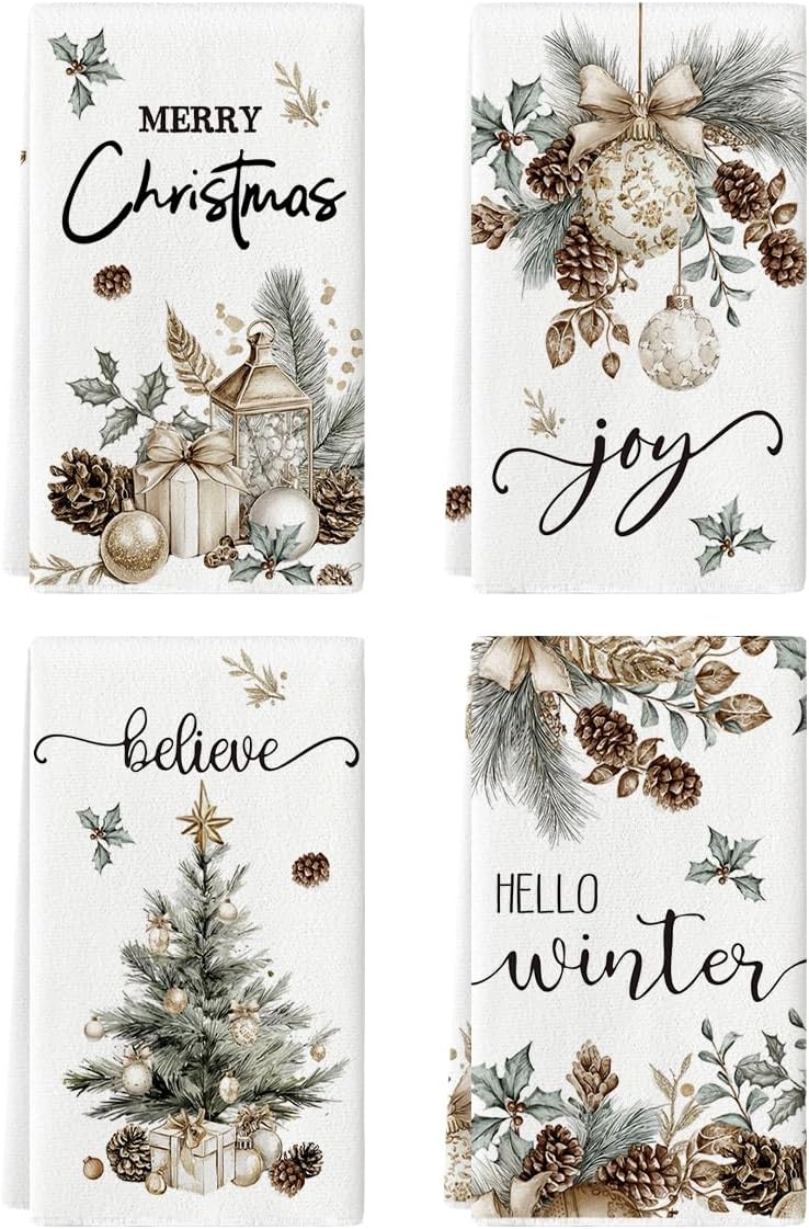 Artoid Mode Xmas Tree Pinecone Ornaments Christmas Kitchen Towels Dish Towels, 18x26 Inch Farmhouse Holiday Winter Decoration Cleaning Set of 4