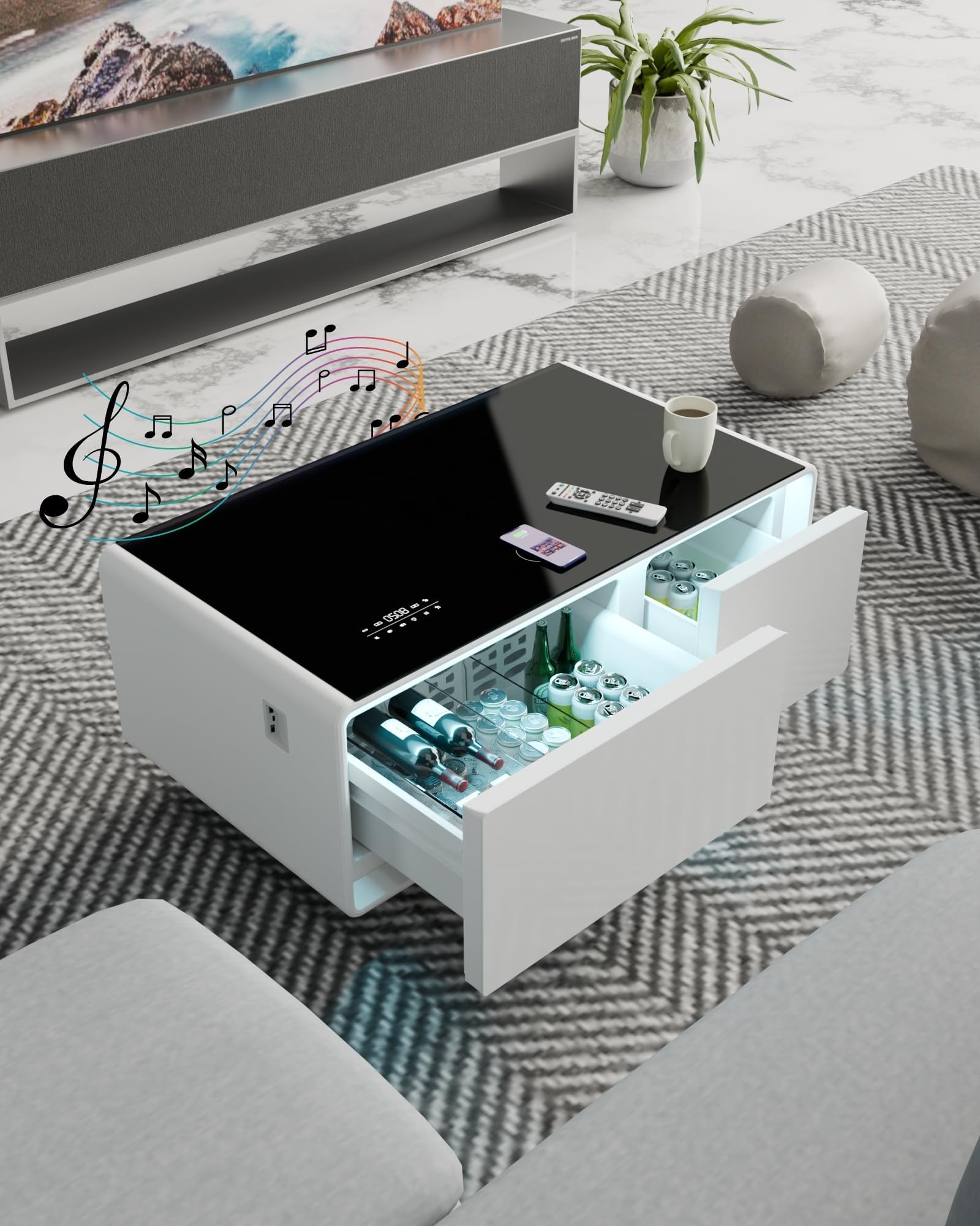 LIVTAB Smart Coffee Table, 23" D x 41.5" W x 18.1" H, Living Room Table with Built in Fridge and Speakers, Smart Table with 15W Wireless Charging, USB Chargers and 110V Outlets (White)