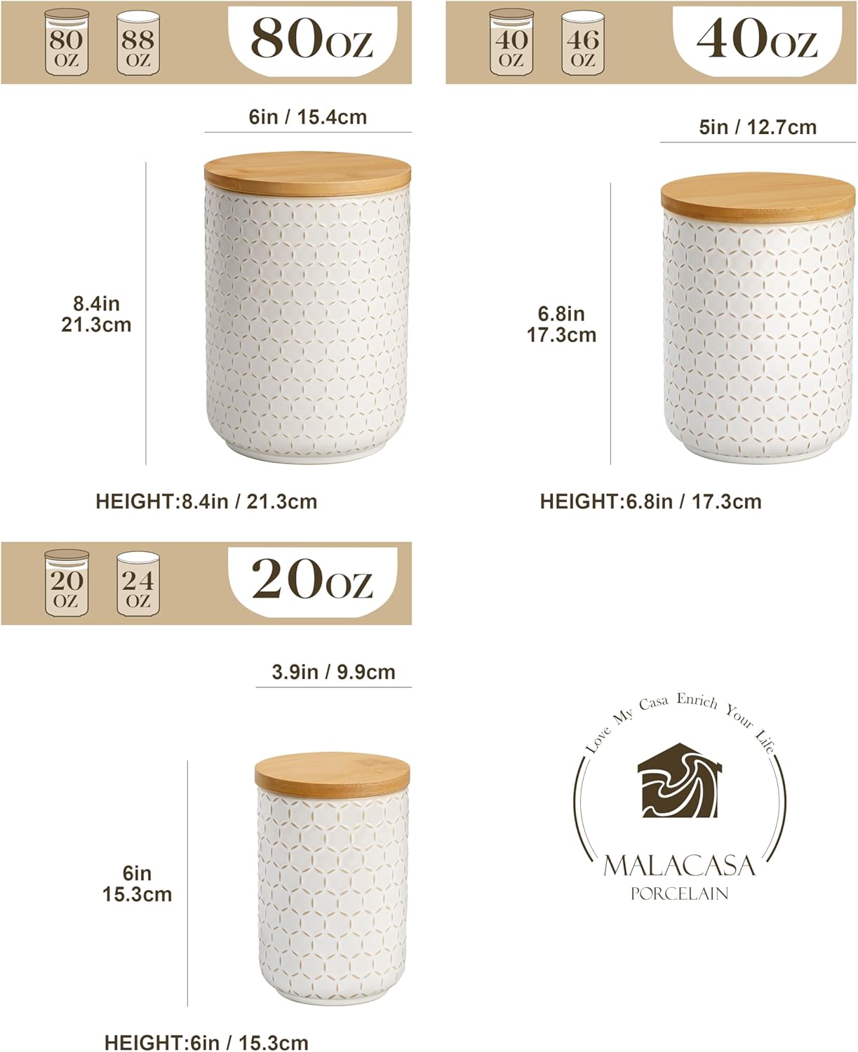 MALACASA LYDIA Ceramic Canisters Set with Airtight Lids, 80/40/20 oz Coffee Canisters Sets for the Kitchen, Large Jars for Flour, Sugar, Pasta, Coffee, Cookies, Tea - Set of 3, Hexagon