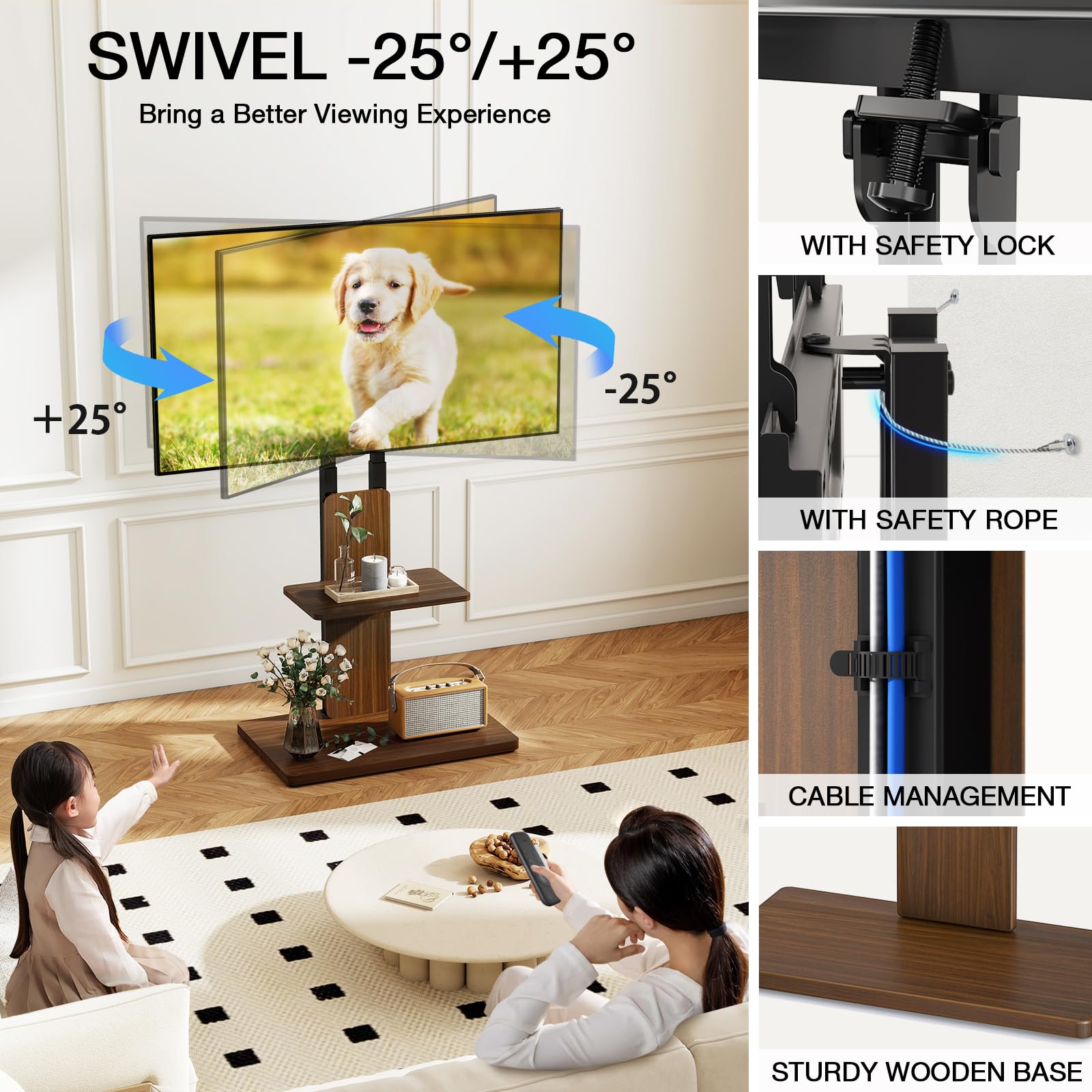 TVON Support TV au Sol avec roulettes Cachées pour Téléviseurs 32-70 Pouces, Hauteur Réglable, Support TV sur Pied Jusqu'à 45 kg avec Étagère Ajustable en Bois, Max VESA 400x400mm