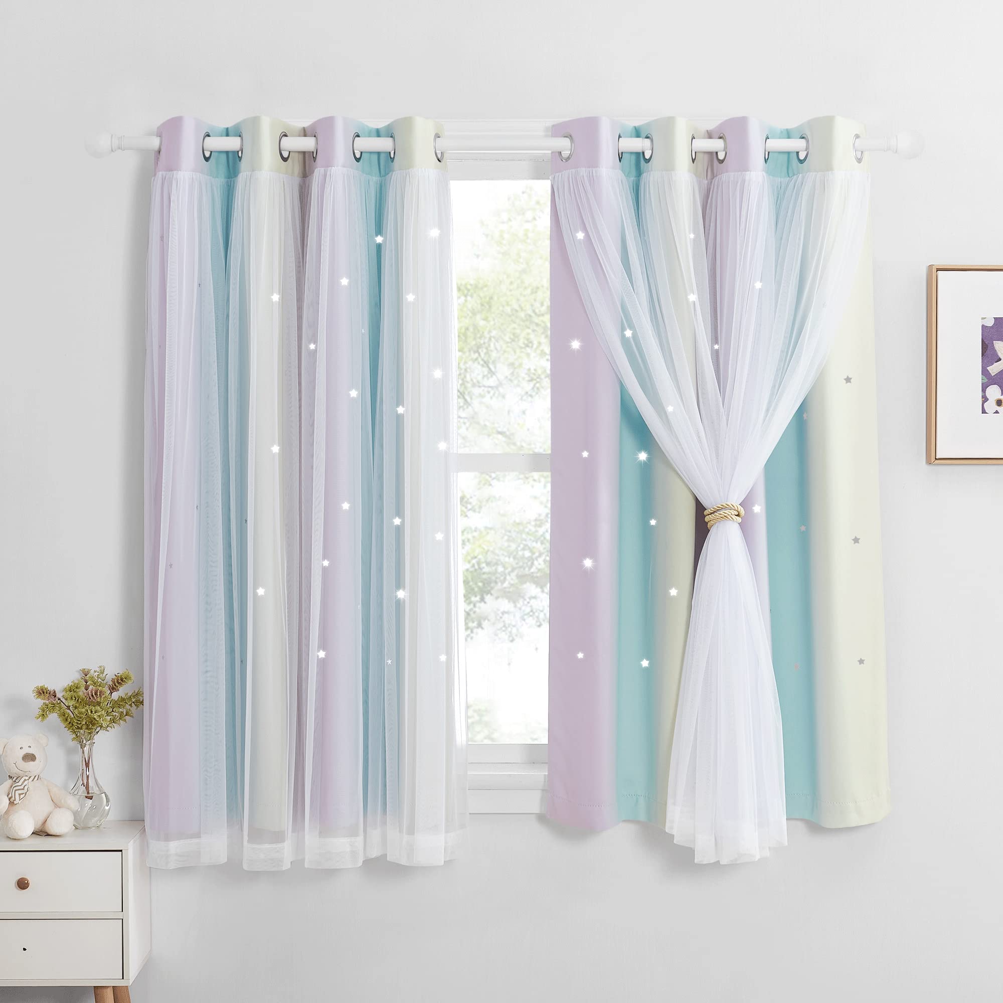 NICETOWN Kids Blackout Curtain - Star Cut Out Thermal with Net Sheer Eyelet Top, Colorful Baby Curtains, W52 x L54 Inch (132x137 cm), 1 Pair, Purple Blue YellowOEKO-TEX STANDARD 100