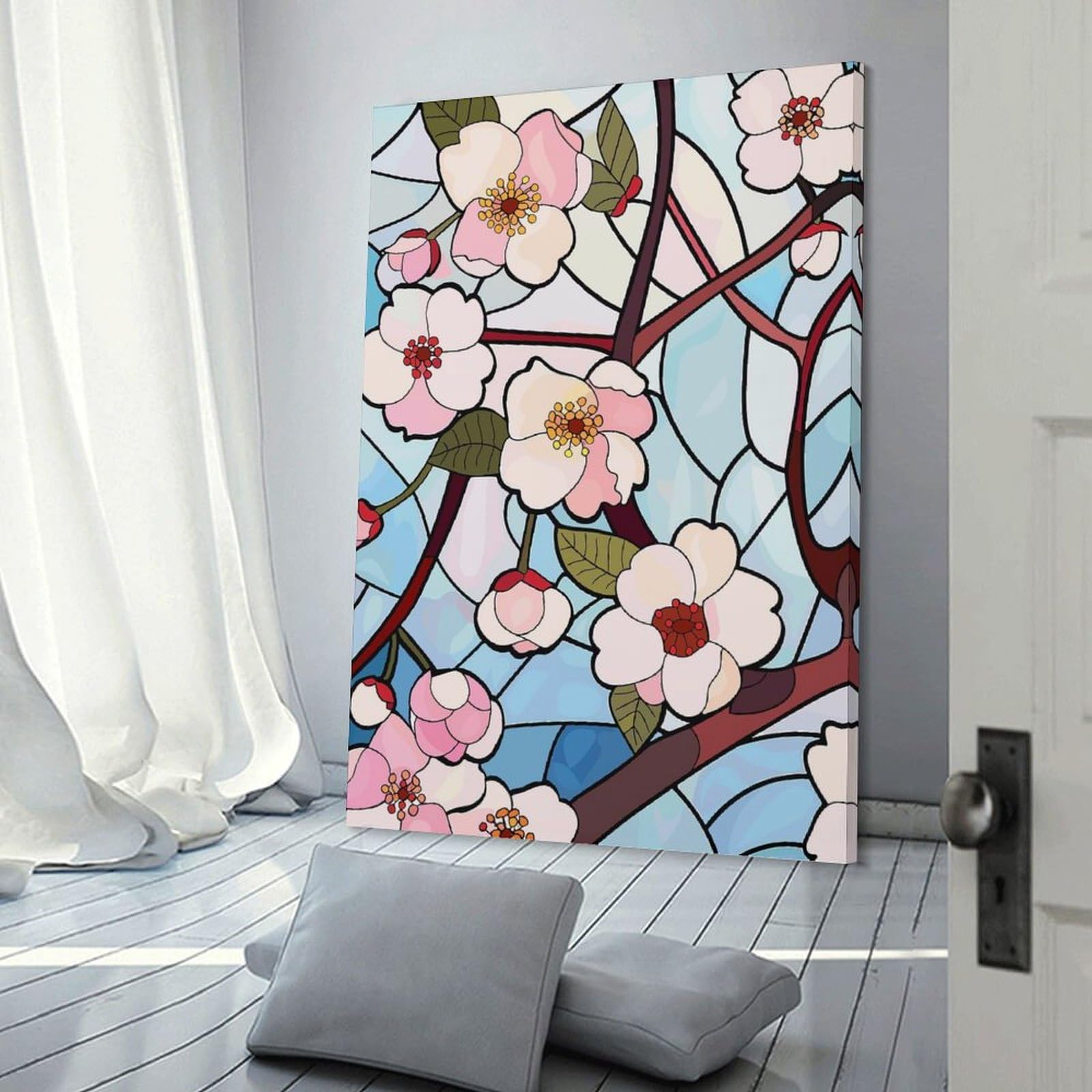 Junmoney Canvas Wall Art Stained Glass Cherry Blossoms, 24x36inch(60x90cm), for Living Room, Lounge Or Sitting Room, Canvas Styling for A Polished Room Look