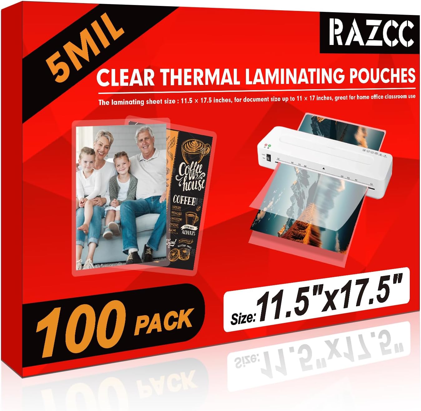 RAZCC Laminating Sheets, 100 Pack Clear Thermal Laminating Plastic Paper Laminator Sheets, 11 x 17-Inch, 5mil, Ideal Office or School Supplies