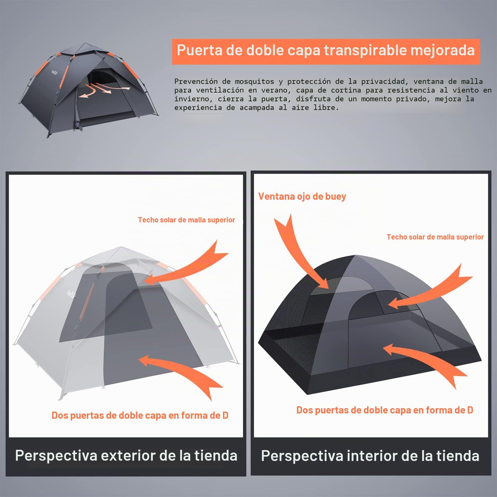 Amflip Tienda de Campaña Automática para 3 Hombre Personas, Tienda de Camping Carpa Interior y Exterior 2 en 1, Anti Impermeable Viento, Puerta Doble para Senderismo Escalada al Aire Libre Viaje