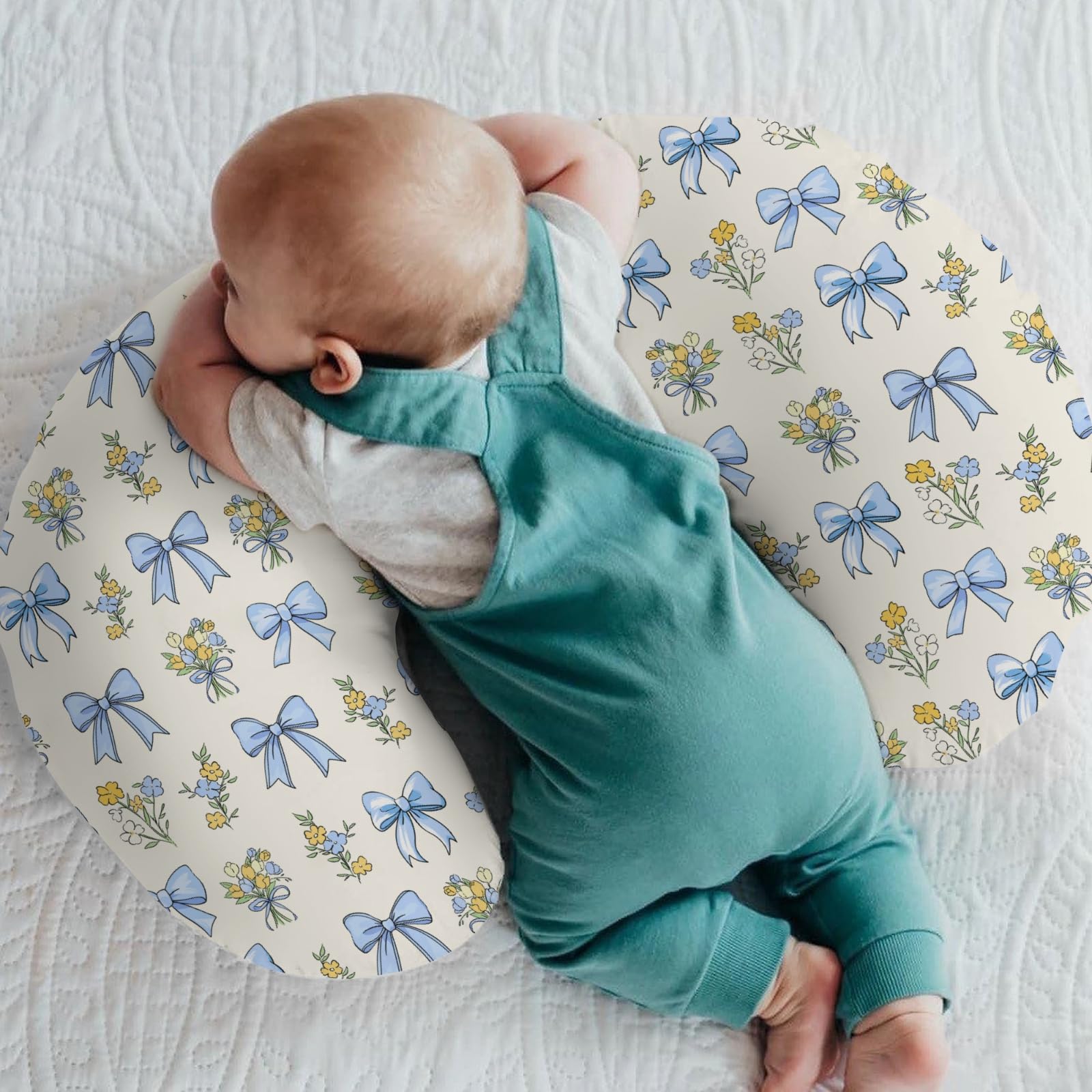 Blue Pastel Floral Bows Nursing Pillow Covers for Boy Girl Cute Spring Flowers Easter Nursing Pillow Slipcovers for Breastfeeding Pillows Colorful Spring Garden Soft Stretchy Cover for Newborn Infant