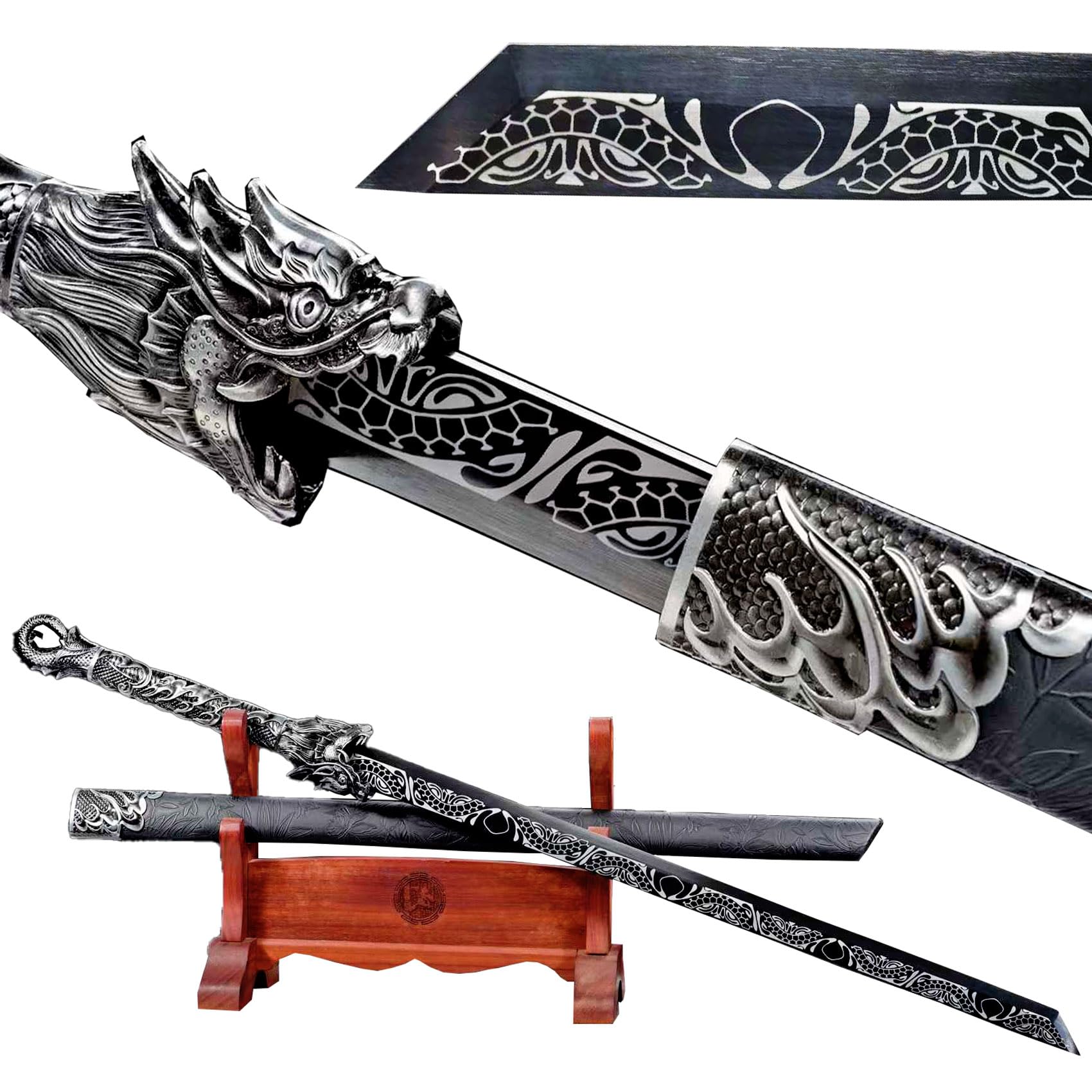 Handmade Straight Carbon Steel Blade with Cool Pattern Chinese Tang Dao Dragon Sword