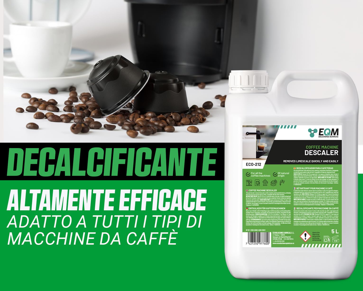 EQM Decalcificante per Macchine da Caffè 5L - 100% Origine Naturale - Compatibile con Tutte le Macchine da Caffè