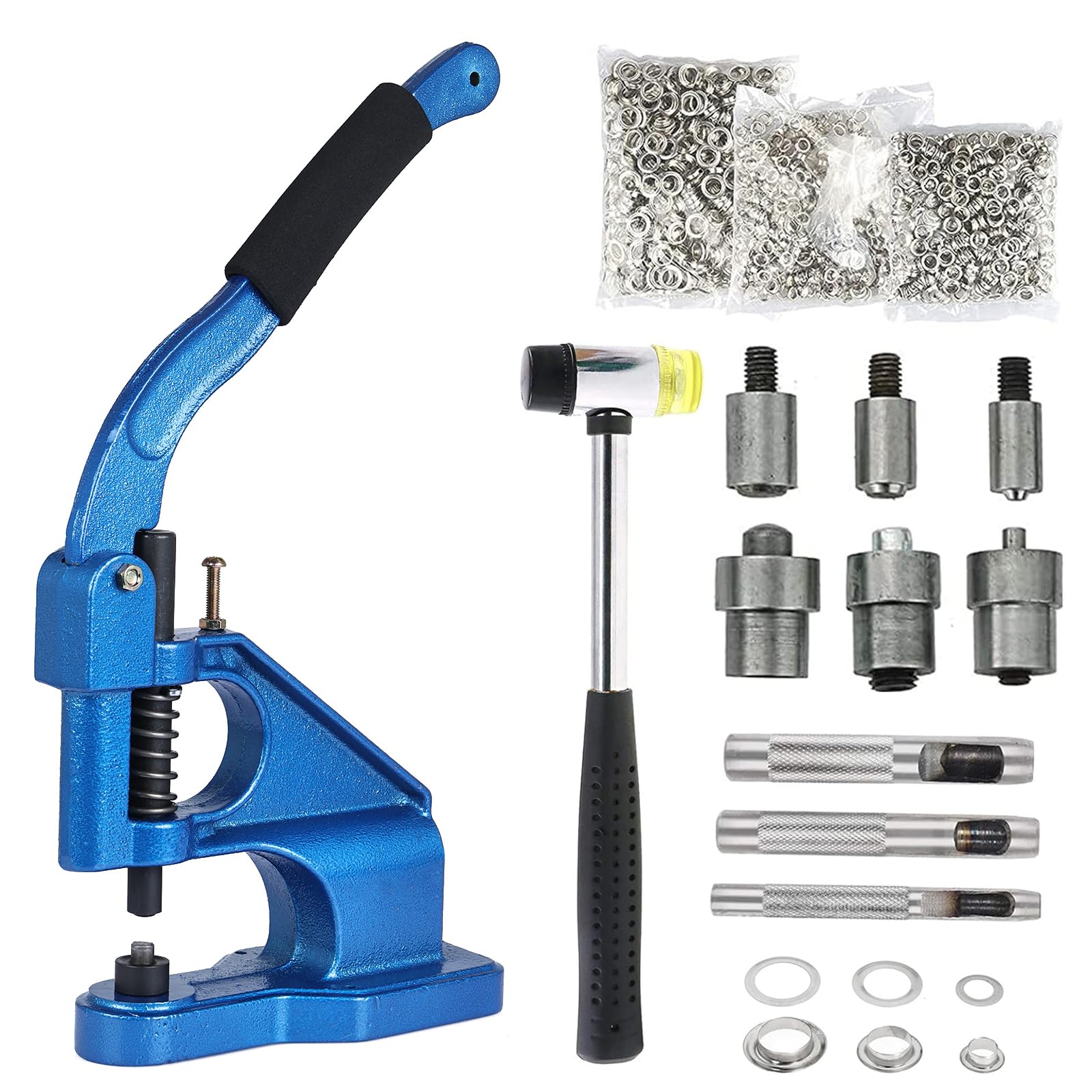 FreeTec Eyelet Machine, Metal Eyelet Press with Punch and Hammer, 6/10/12 mm Manual Eyelet Machine with 3 Matrices 1500 Eyelets Silver for Canvas, Leather, Fabrics, Curtains Bags