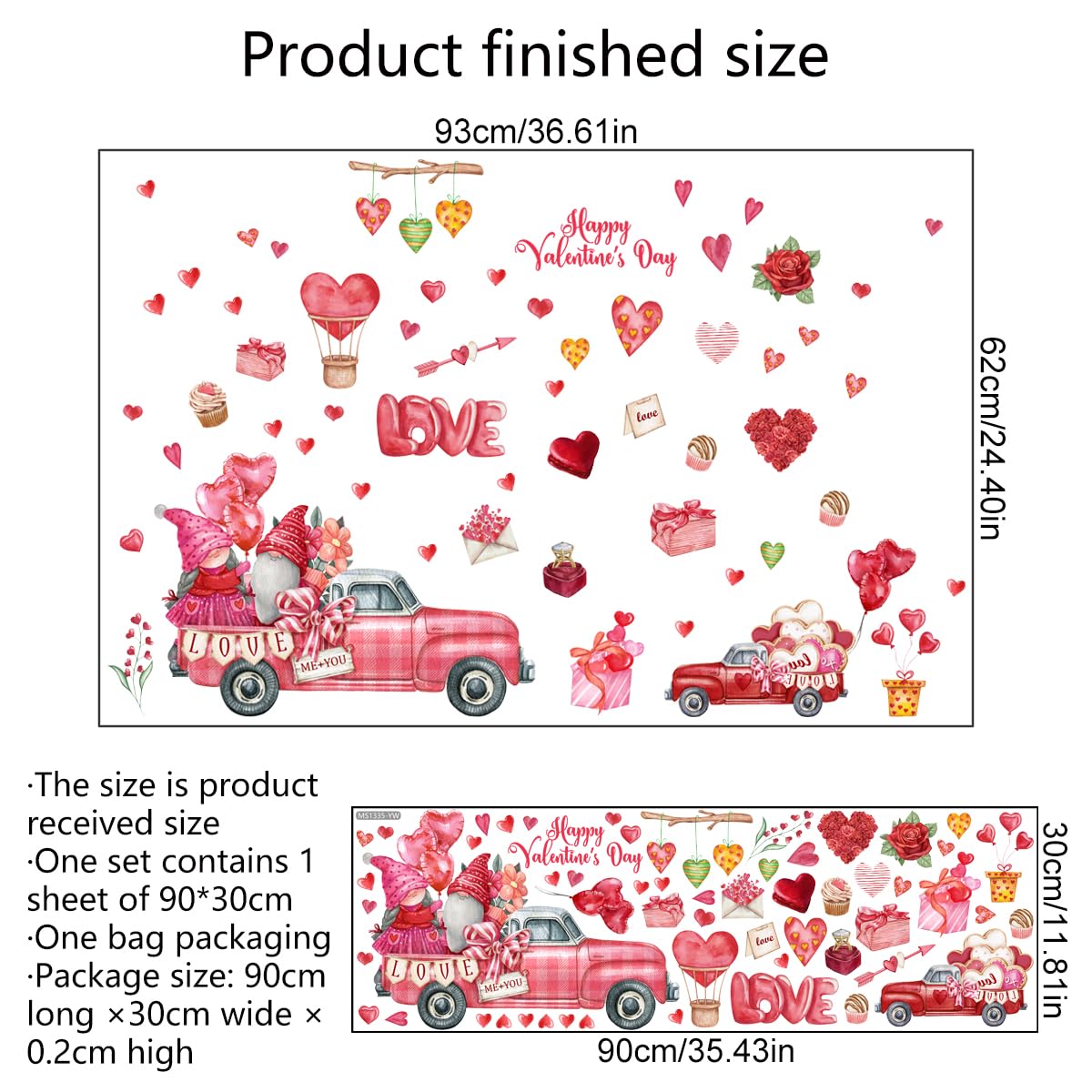 Valentine's Day Wall Decals - Red Truck With Gnome & Balloon Design, Self-Adhesive Vinyl Sticker For Home Decor - View #3