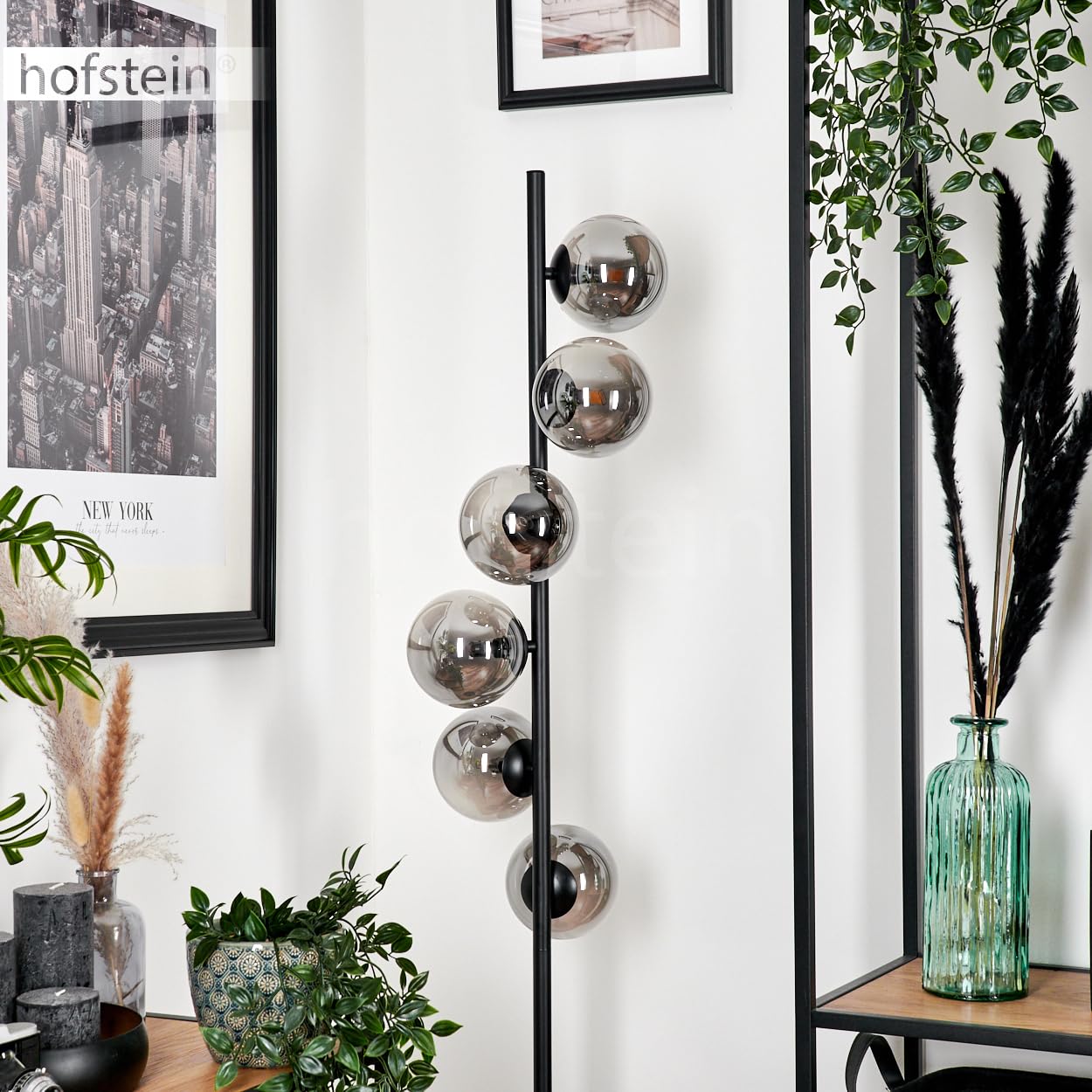 Stehleuchte Remaisnil, Stehlampe aus Metall/Glas in Schwarz/Rauchfarben, Standlampe im Retro/Vintage-Design mit Schirmen aus Glas (Ø 12 cm) u. Fußsschalter, Höhe 160 cm, 6 x G9, ohne Leuchtmittel