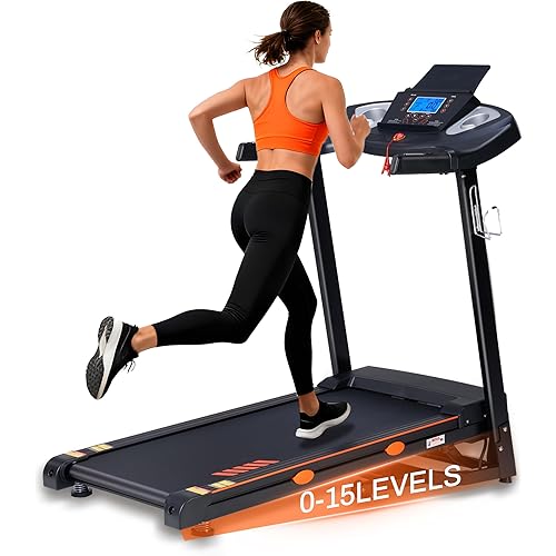 Treadmill with 15-Level Auto Incline, 3.0 HP Treadmills for Home with 18" Wide Running Belt, 0.5-10 MPH Speed, 300 LB Capacity, Shock Absorption, App Bluetooth