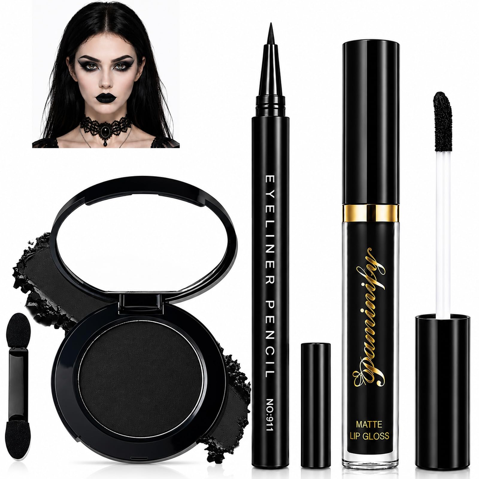 Goth Makeup kit, Black Eyeshadow+liquid Lipstick+Eyeliner,Single Pure Matte Smokey Eye Shadow with Dual-Ended Applicator,Waterproof lip Gloss for Halloween Gothic Witch Cosplay