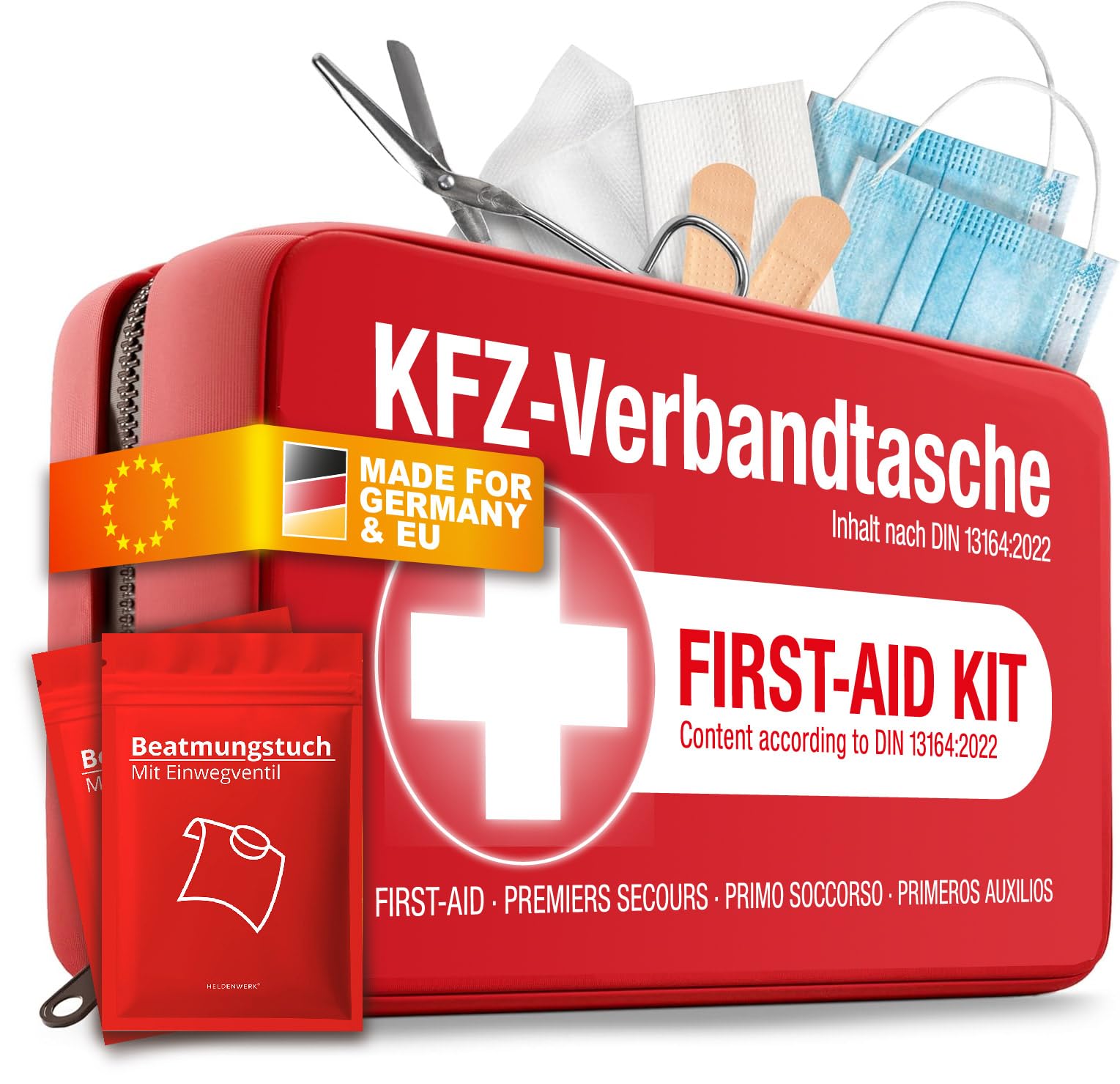 KFZ Verbandstasche nach aktueller Norm 2026 inkl. Beatmungstuch - Auto Verbandskasten europaweit nutzbar - Erste Hilfe Set neue Norm DIN 13164:2022 (StVO konform)