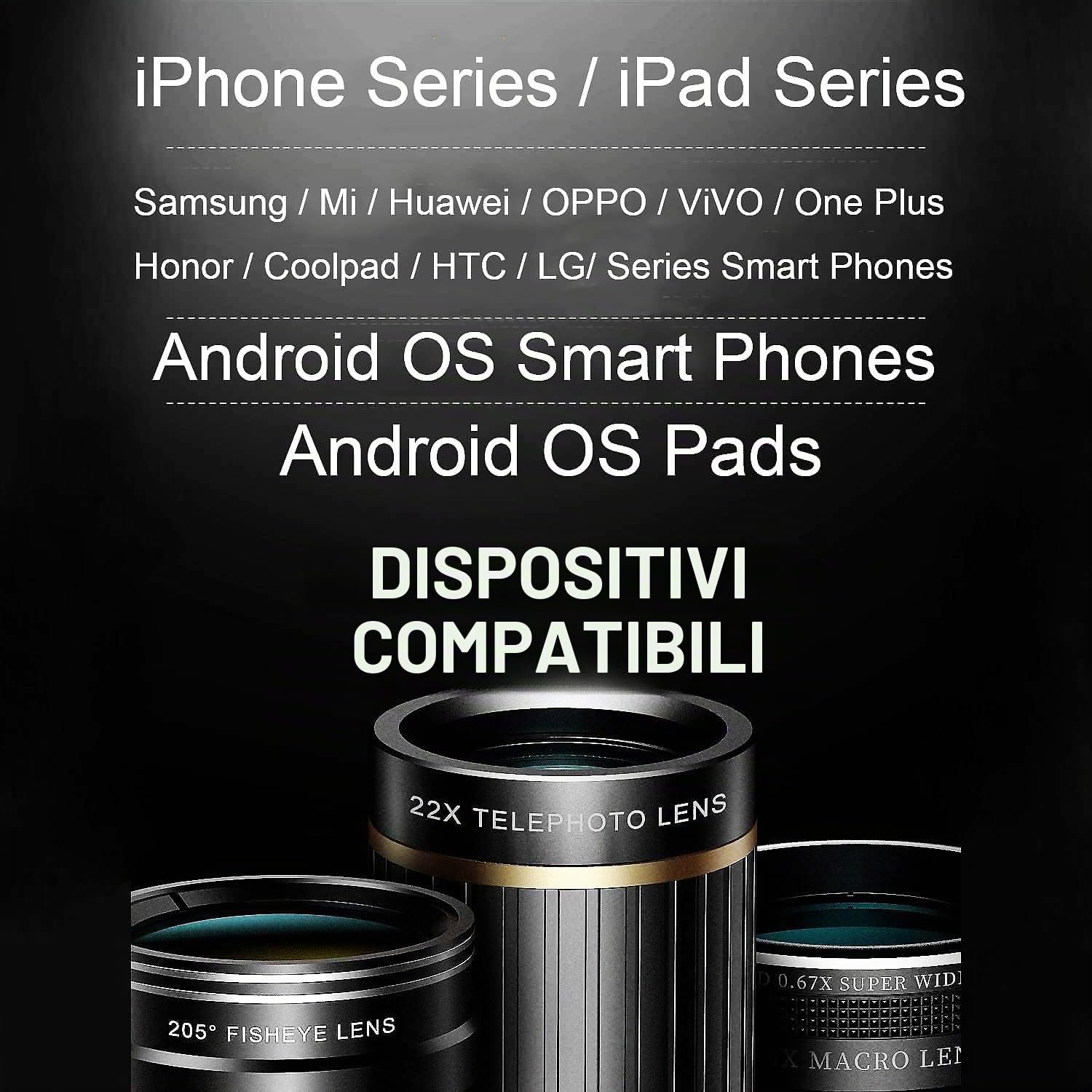 Kit obiettivo fotocamera per telefono versione aggiornata: include teleobiettivo 22X, obiettivo fisheye da 205°, obiettivo grandangolare 0,67x, obiettivo macro 25x, clip e mini treppiede per