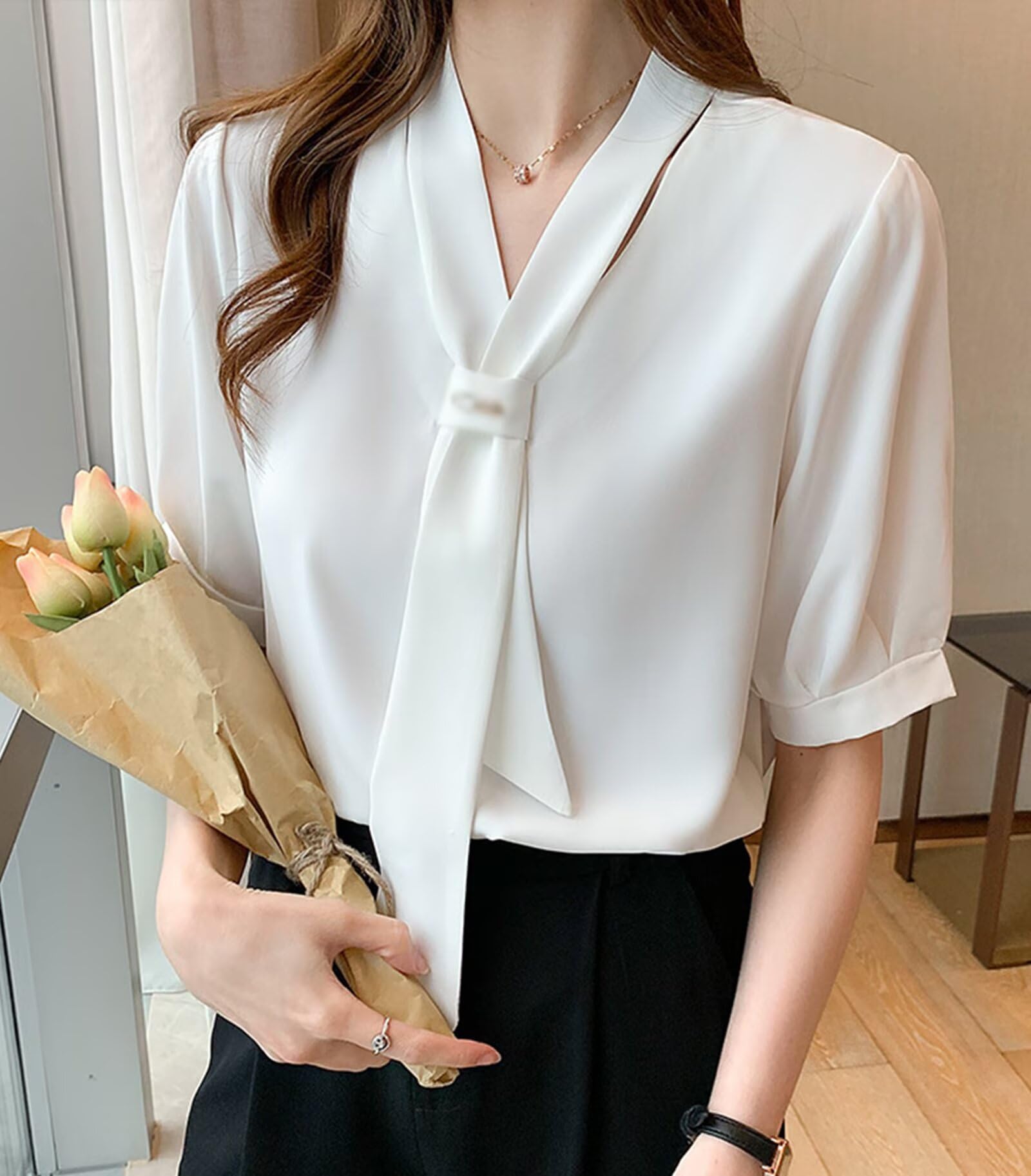 HNVAVQ Camicia Seta Donna Scollo a V Blusa Maniche Corte Elegante Estate