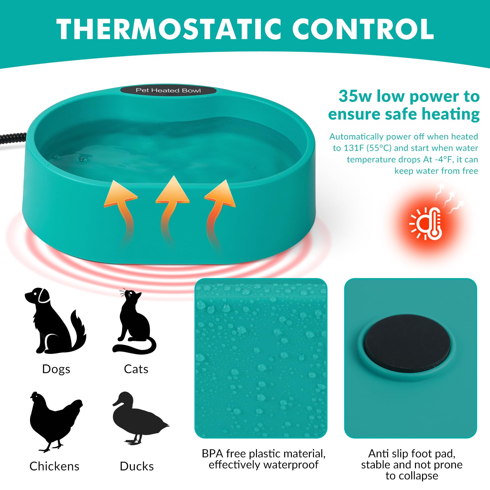 Cuenco grande de agua con calefacción para perros y gatos, cuenco térmico para perros, cuenco impermeable para mascotas, para exteriores, plato de agua calentado anticongelante para conejo, pollo