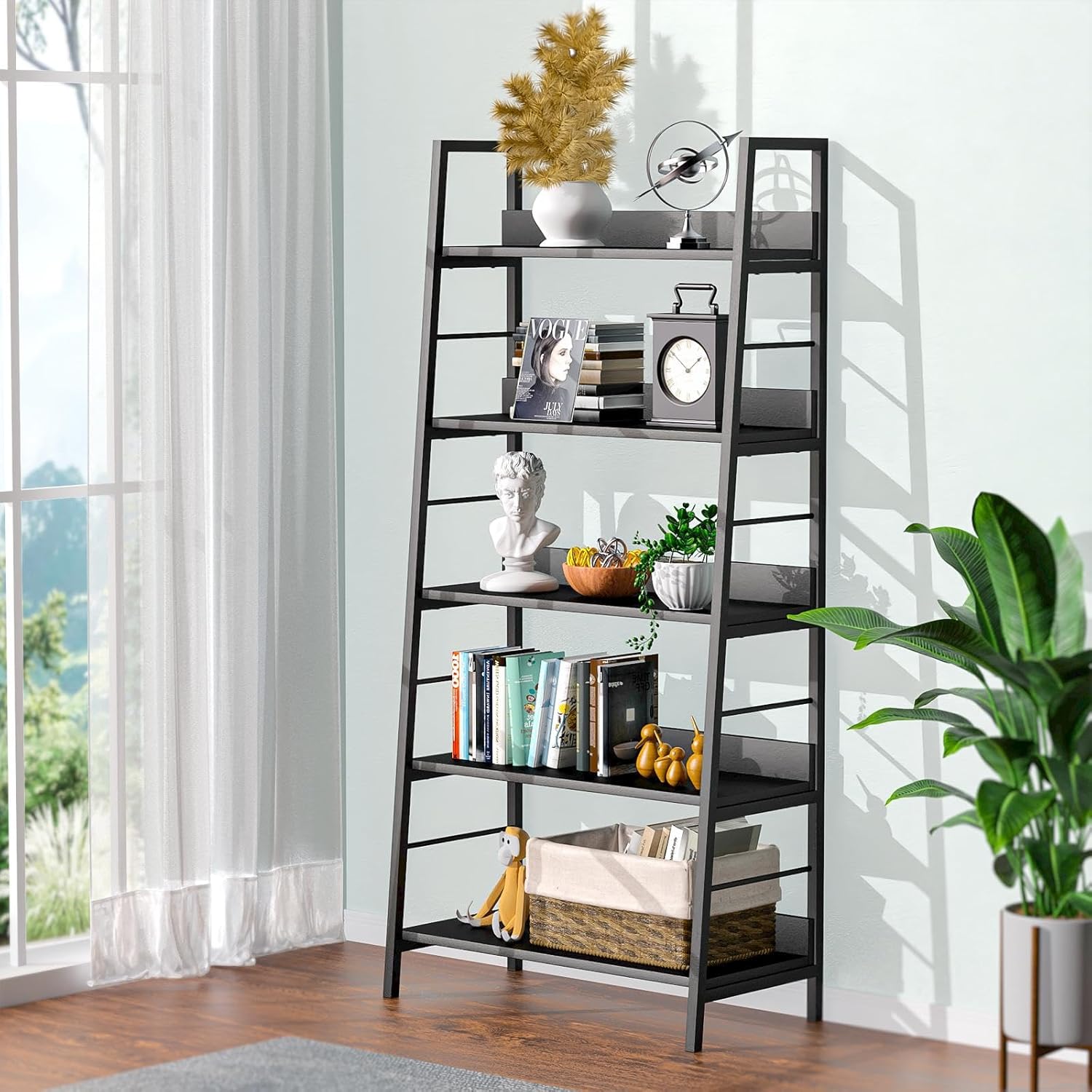 Himimi 5 Shelf Ladder Bookcase,Black Bookshelf Industrial Standing Shelf for Bathroom,Bedroom, Living Room
