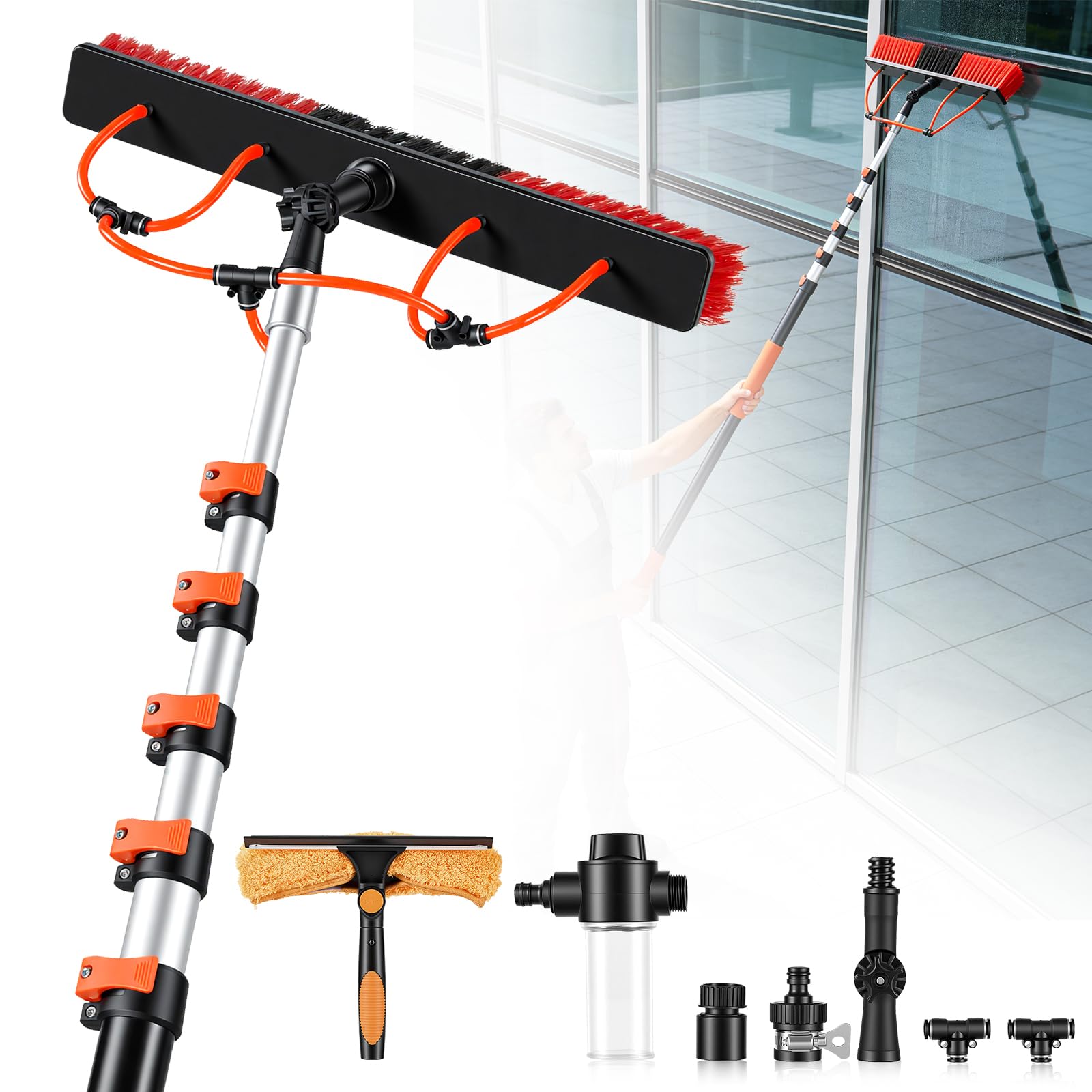 Teleskop Reinigungsset mit Wasserzufuhr, 4,8 m, 50 cm | Solarpanel Reiniger & Fensterreiniger, 180° drehbar, mit Seifenspender & Glasabzieher, Alu-Teleskopstange, 6,5 m Schlauch