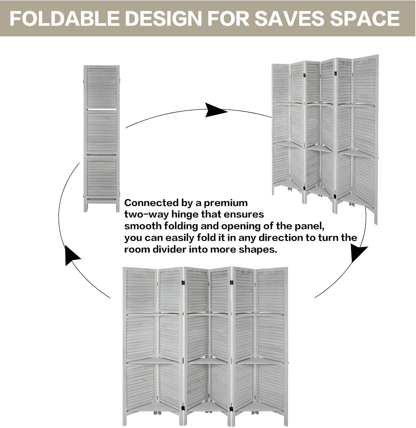 ECOMEX Room Divider with Shelves, 6 Panel Room Dividers and Folding Privacy Screens, Partition Room Divider Temporary Wall, Freestanding Room Divider for Home Office Studio Apartment (White)