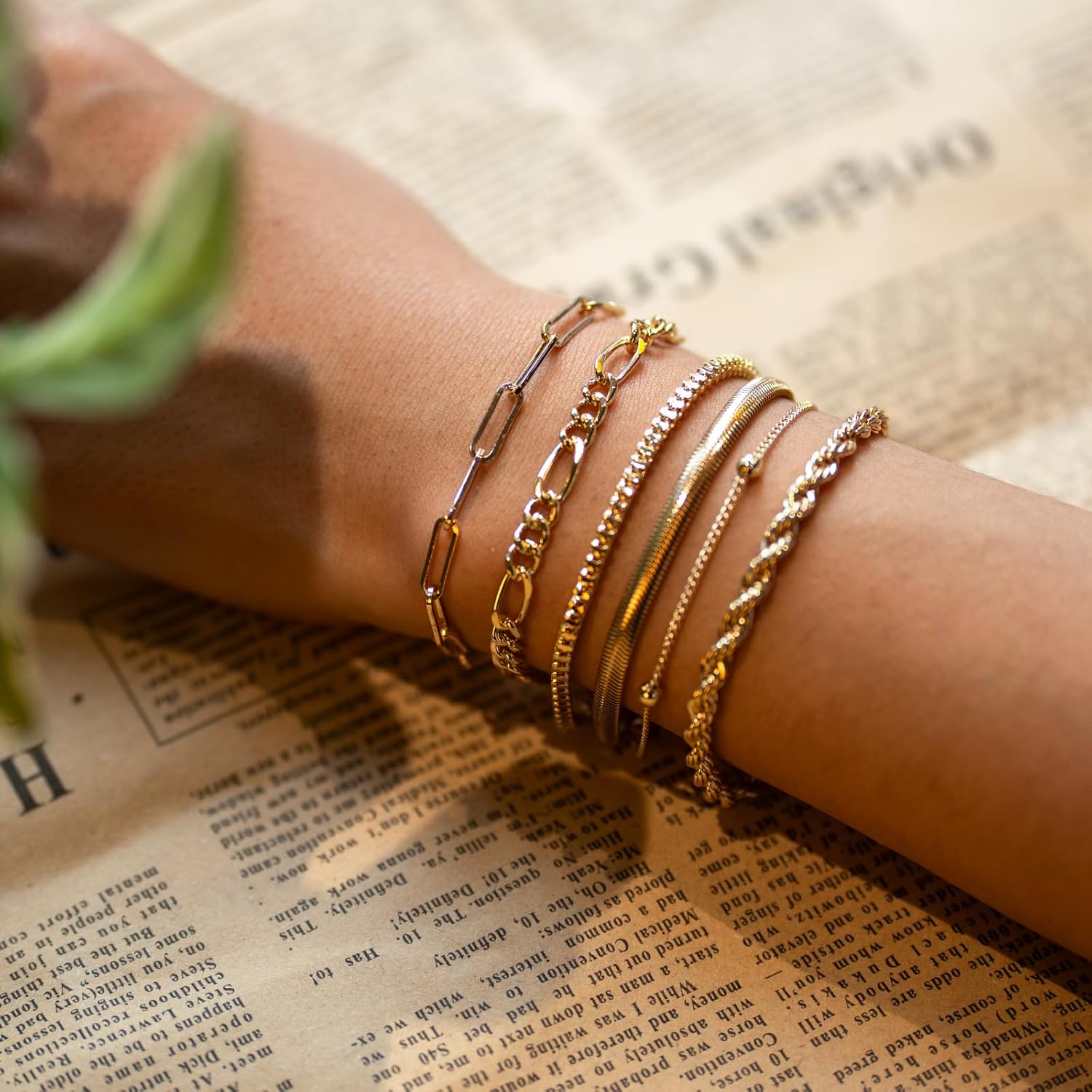 14K Gold Plated Waterproof Bracelets for Women Dainty Thin Cuban Link & Paperclip Chain Bracelet Set Stackable Trendy Fashion Jewelry Gift Pack - Image 2